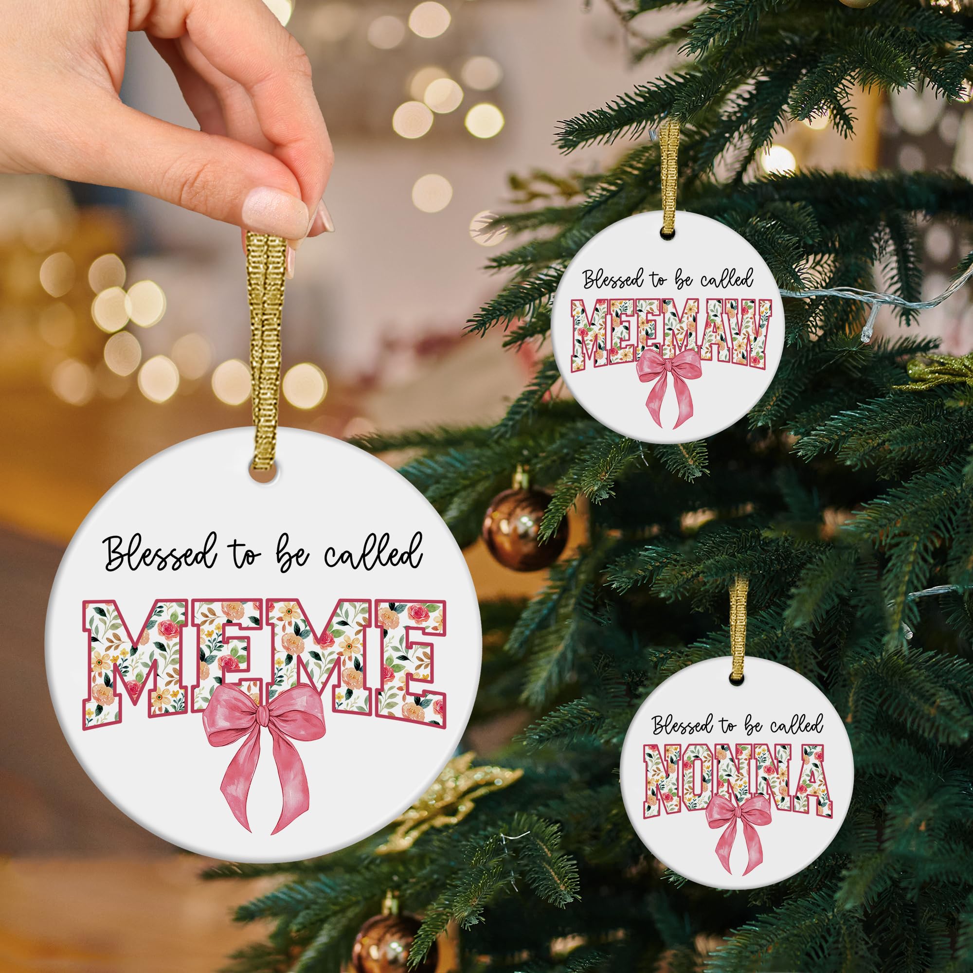 Blessed to Be Called Meme Mothers Day Birthday Christmas Tree Ceramic Ornaments Gifts for Grandma from Grandkids, Grandma Ornaments for Christmas Tree Decorations Gifts for Meme, 3x3Inch