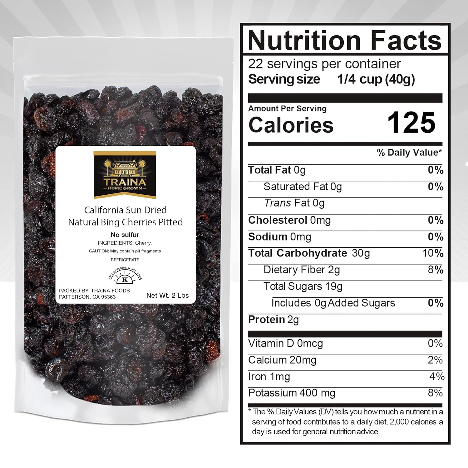 Traina Home Grown California Sun Dried Natural Pitted Cherries - Healthy, Natural, No Added Sugar, Non GMO, Gluten Free, Kosher Certified, Vegan, Dark Red, Packed in Resealable Pouch (2 lbs)