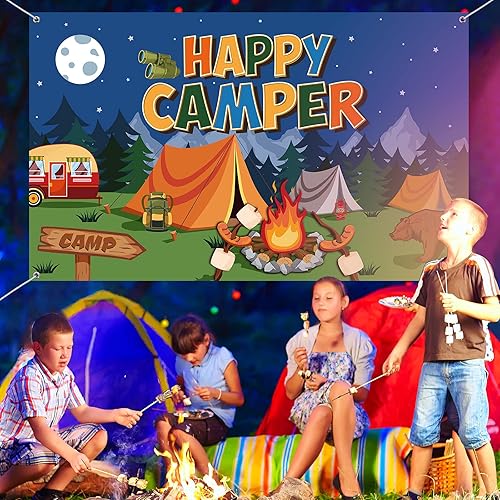 Miniatura 5 de Tatuo Telón de fondo de campamento Happy Camper - Fondo de fotos para colgar en la pared para niños, niños, adolescentes, suministros de fiesta de
