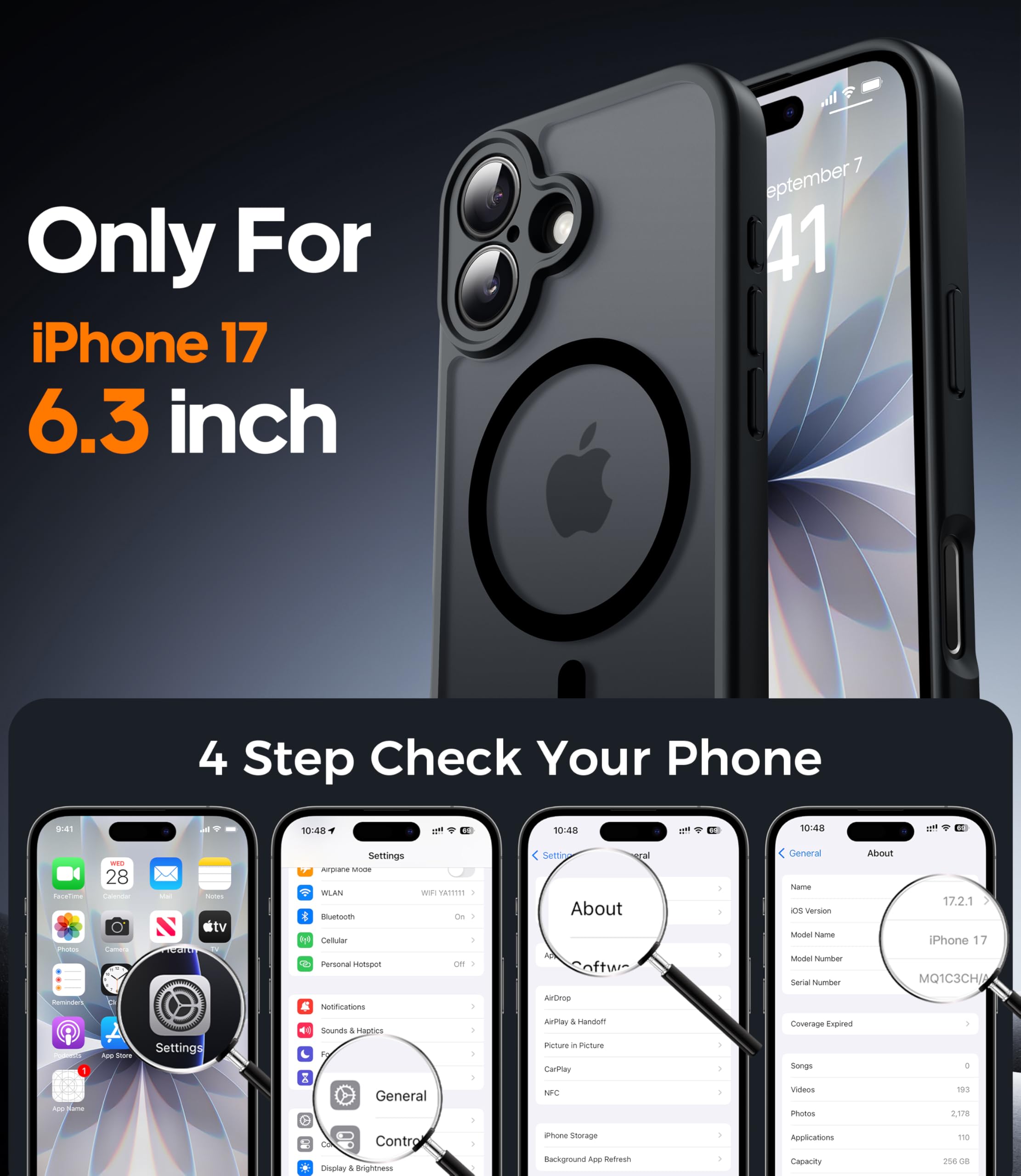 FLLAO Magnetica Cover per iPhone 17 e 2 Pellicole in Vetro Temperato, Custodia iPhone 17 Compatibile con Magsafe, Traslucida Opaca Posteriore Sottile Antiurto Protettiva Case, Nero