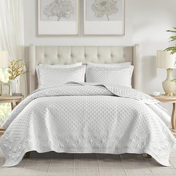 CROSCILL Quilt Set Luxe Ornamental Motif Embroidery Quilting, Oversized Coverlet for King Size Bed, Matte Satin, All Seasons, Lightweight Microfiber Coverlet Bedspread, Shams, Versailles Grey 3 Piece