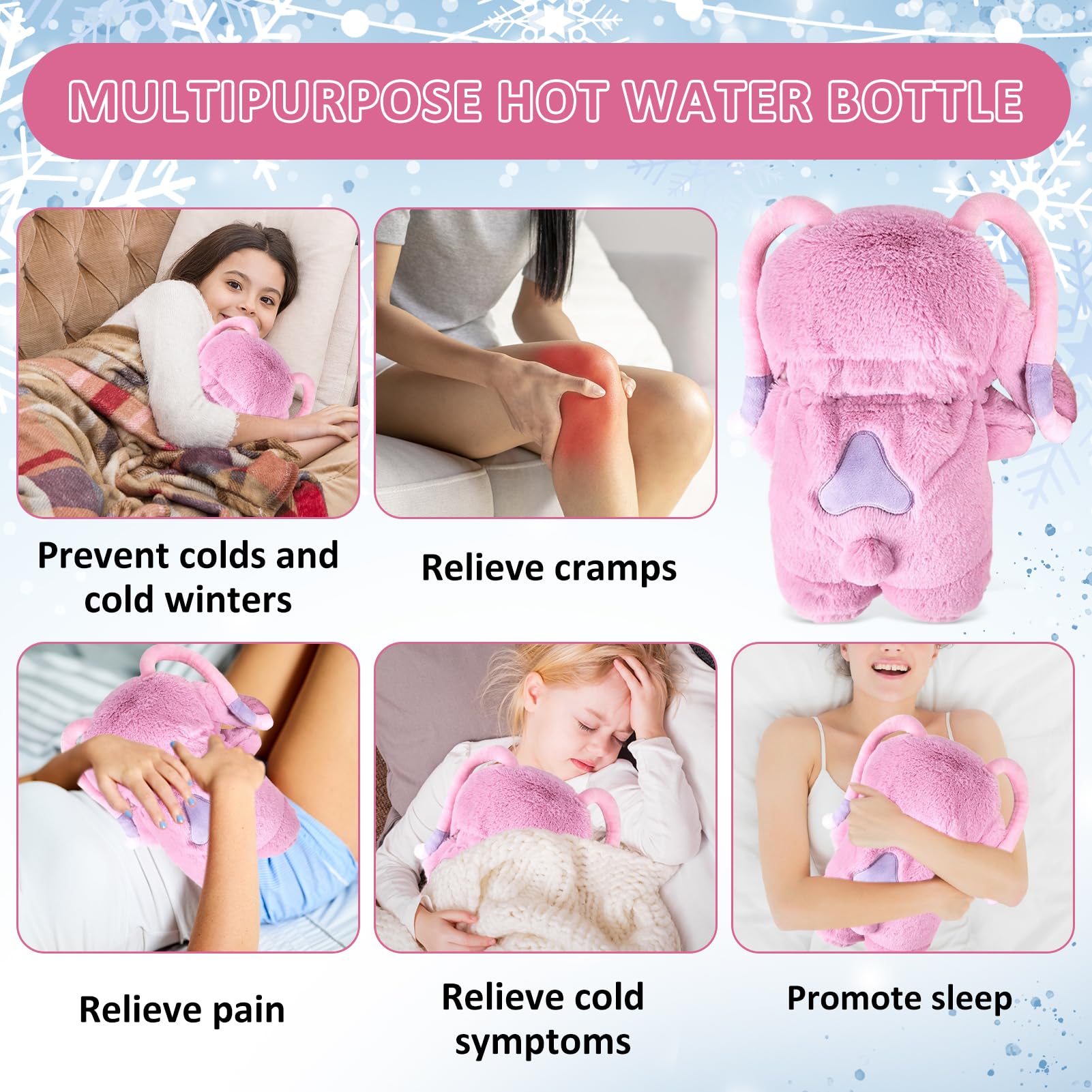 Borsa dell'Acqua Calda, Borsa Acqua Calda Peluche, Borsa Dell'acqua Calda Carina, Plush Bottiglia di Acqua Calda, Calda Rimovibile e Lavabile, Regalo per Bambini, Familiari e Amici (Rosa)