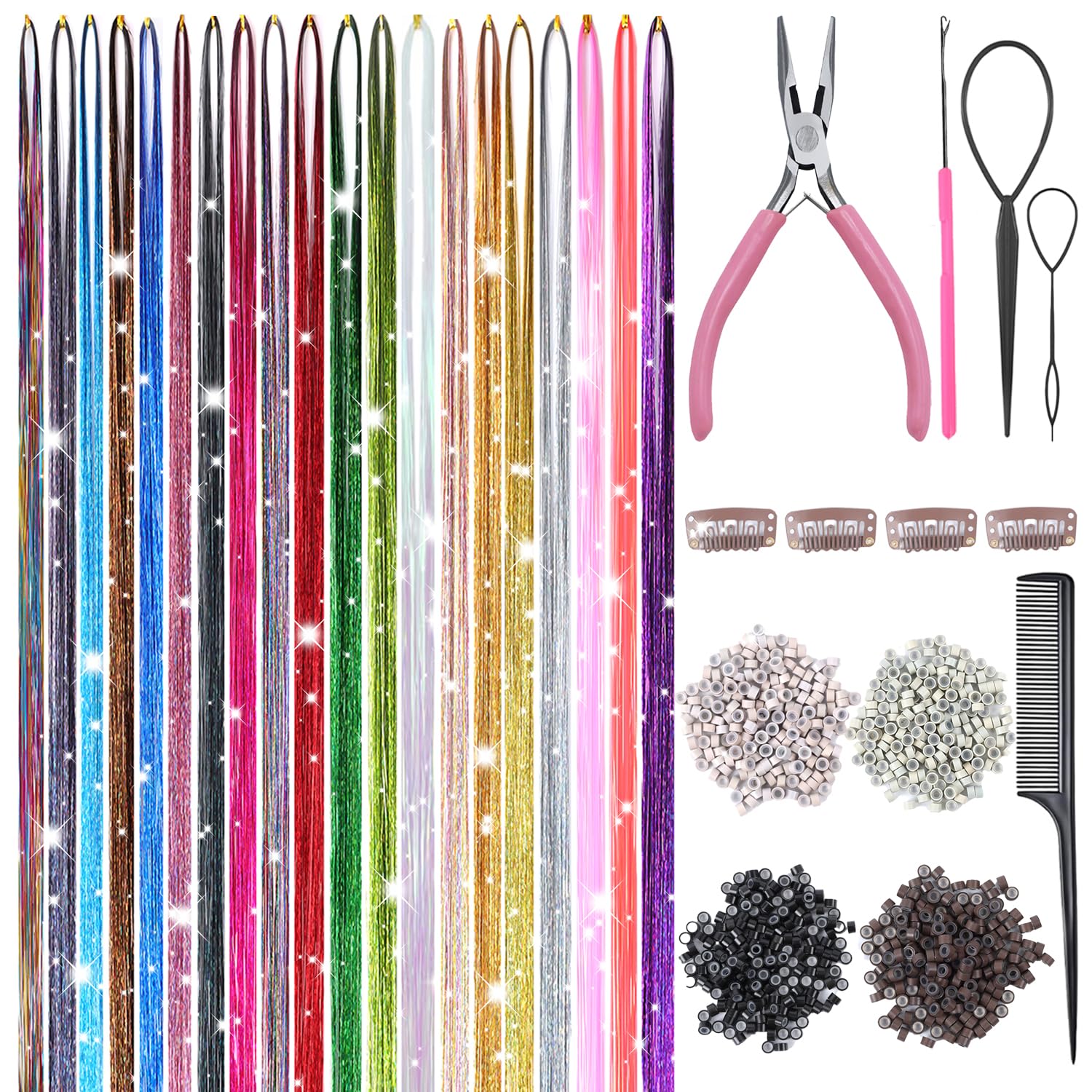 Hair Tinsel, 20 Colors Hair Tinsel Kit, 8000 Strands Tinsel Hair Extensions