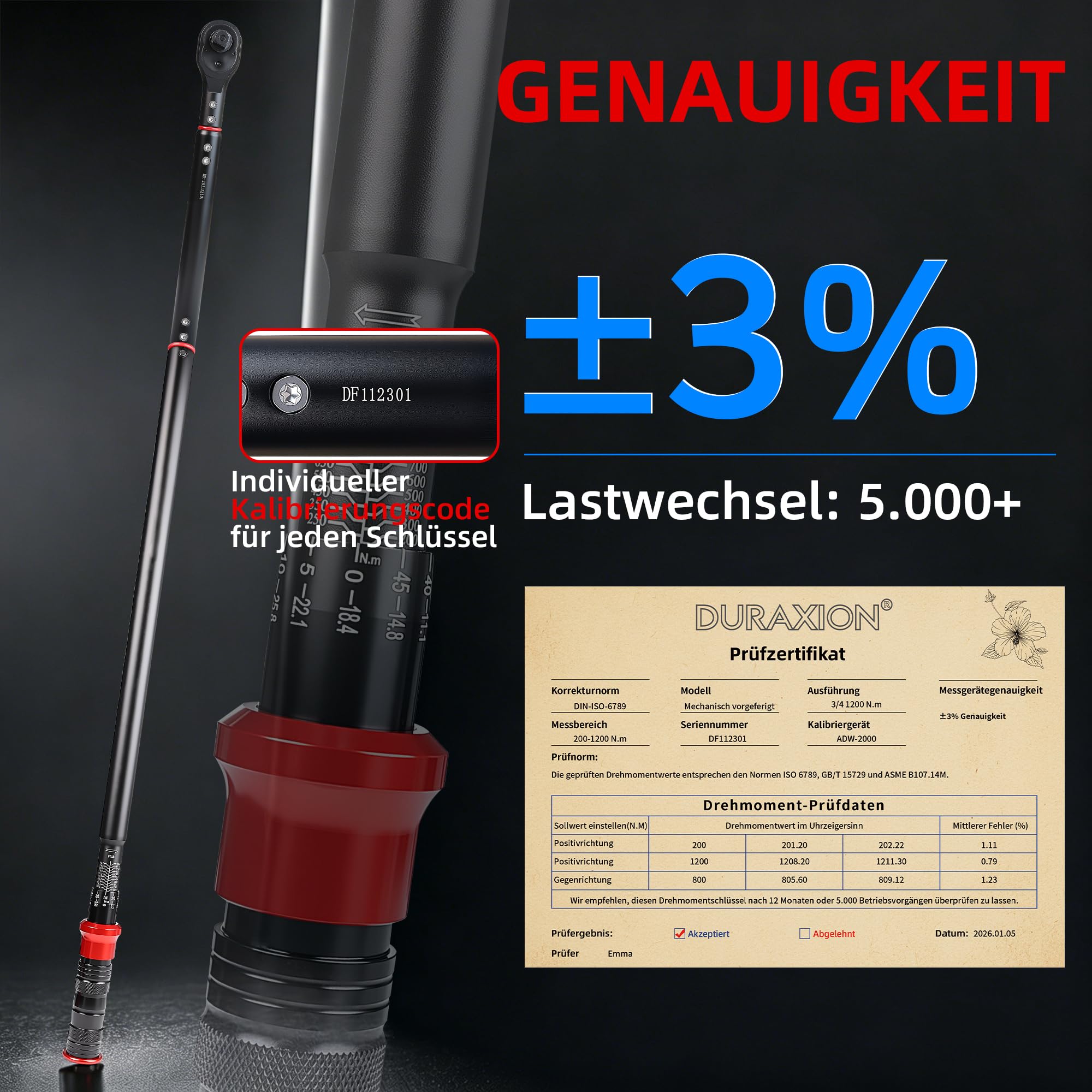 3/4" Drehmomentschlüssel 200-1200Nm für Auto,LKW,Traktor | ±3% Fehlergenauigkeit,48 Zähne Wende Ratschenkopf,mit 5° Rückholwinkel,Doppelskala,Tragbare Aufbewahrungsbox