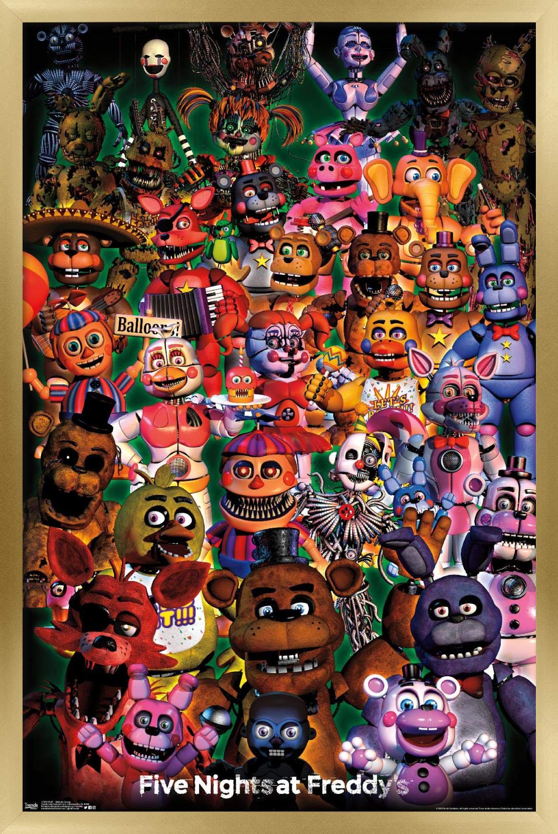 Trends International Five Nights at Freddy's - Ultimate Group Wall Poster, 22.375" x 34", Gold Framed Version