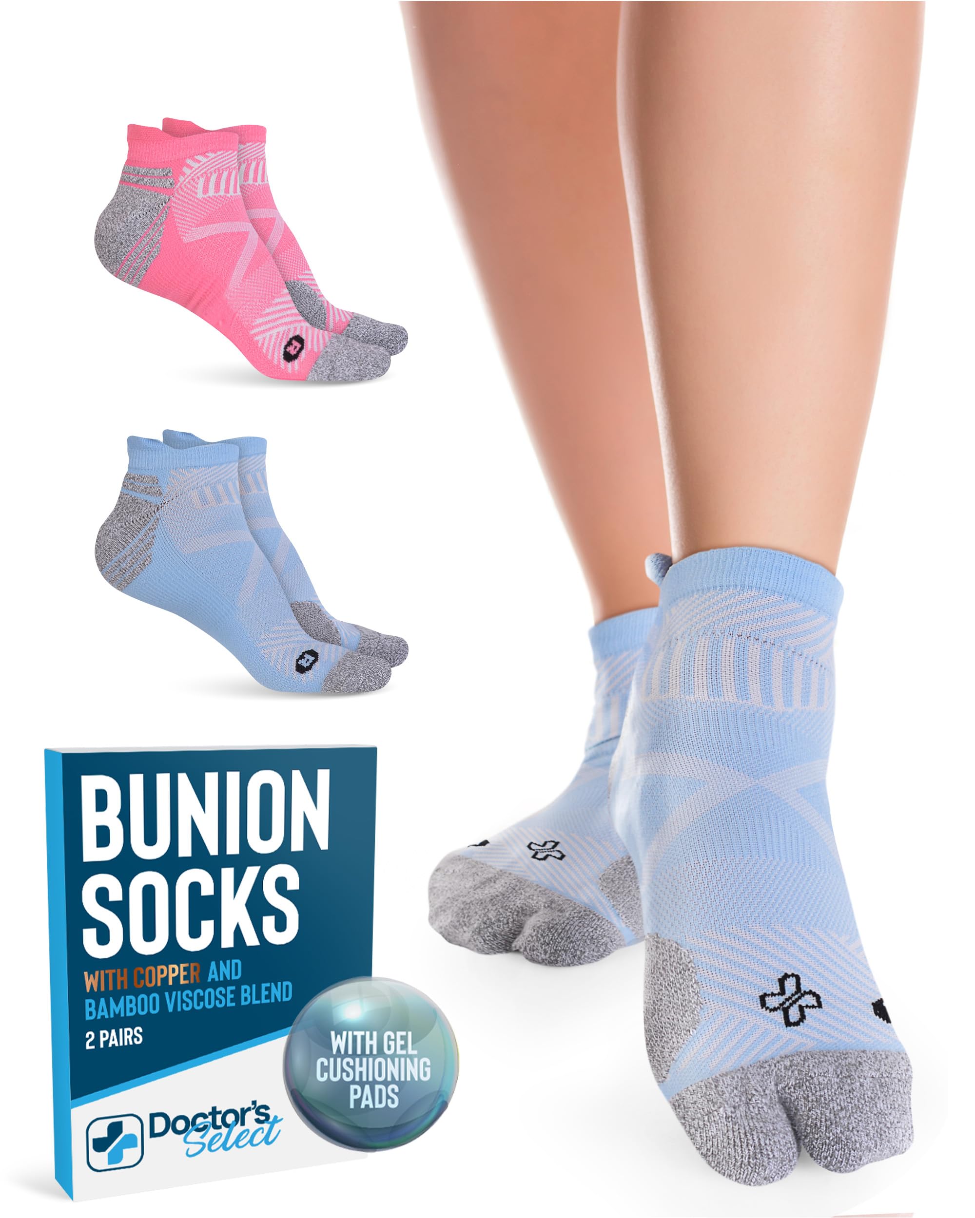 Doctor's Select 2 Pairs Bunion Socks for Women and Men - Copper & Bamboo Viscose infused Bunion Relief Socks | Toe Separator
