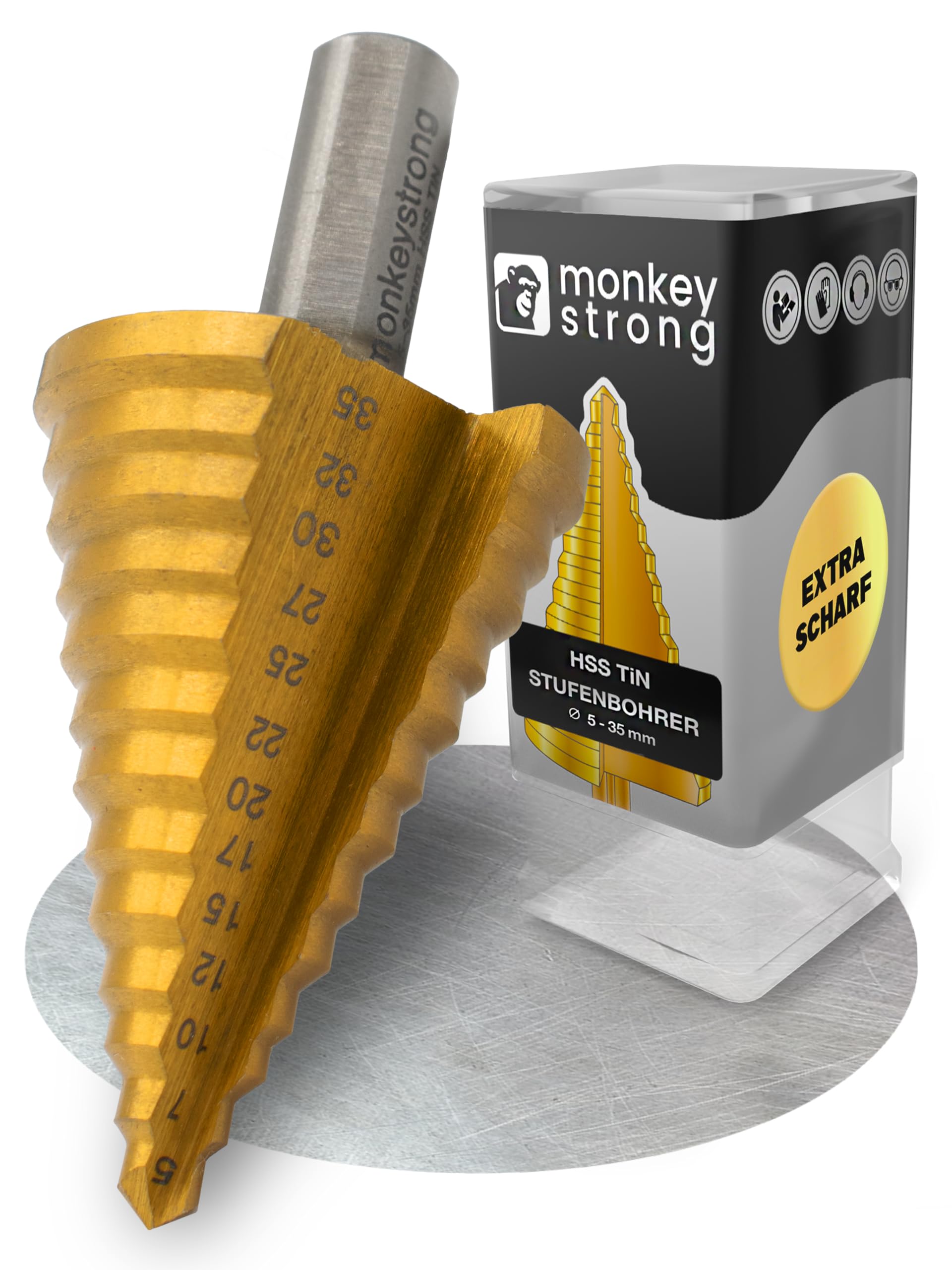 monkeystrong Stufenbohrer 35mm TiN – Ø 5-35 Metall 13 Stufen Kegelbohrer | HSS, Schälbohrer, Konusbohrer, Blechbohrer, für Baustahl, Eisen, NE-Metall, Kunststoff & Holz, mit Drehzahltabelle