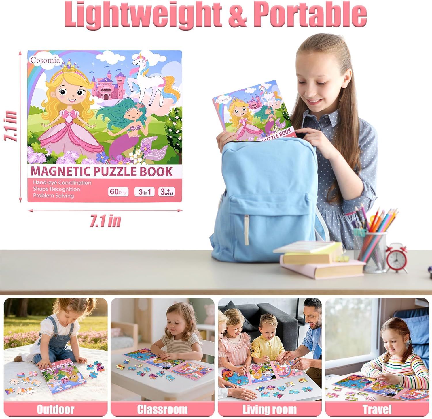 Magnetic Puzzles for Kids 3-5, 3-in-1 Princess Unicorn Mermaid Travel Puzzles for Kids Ages 4-6, Car Airplane Road Trip Activities Toys, Easter Day Gifts for Girls