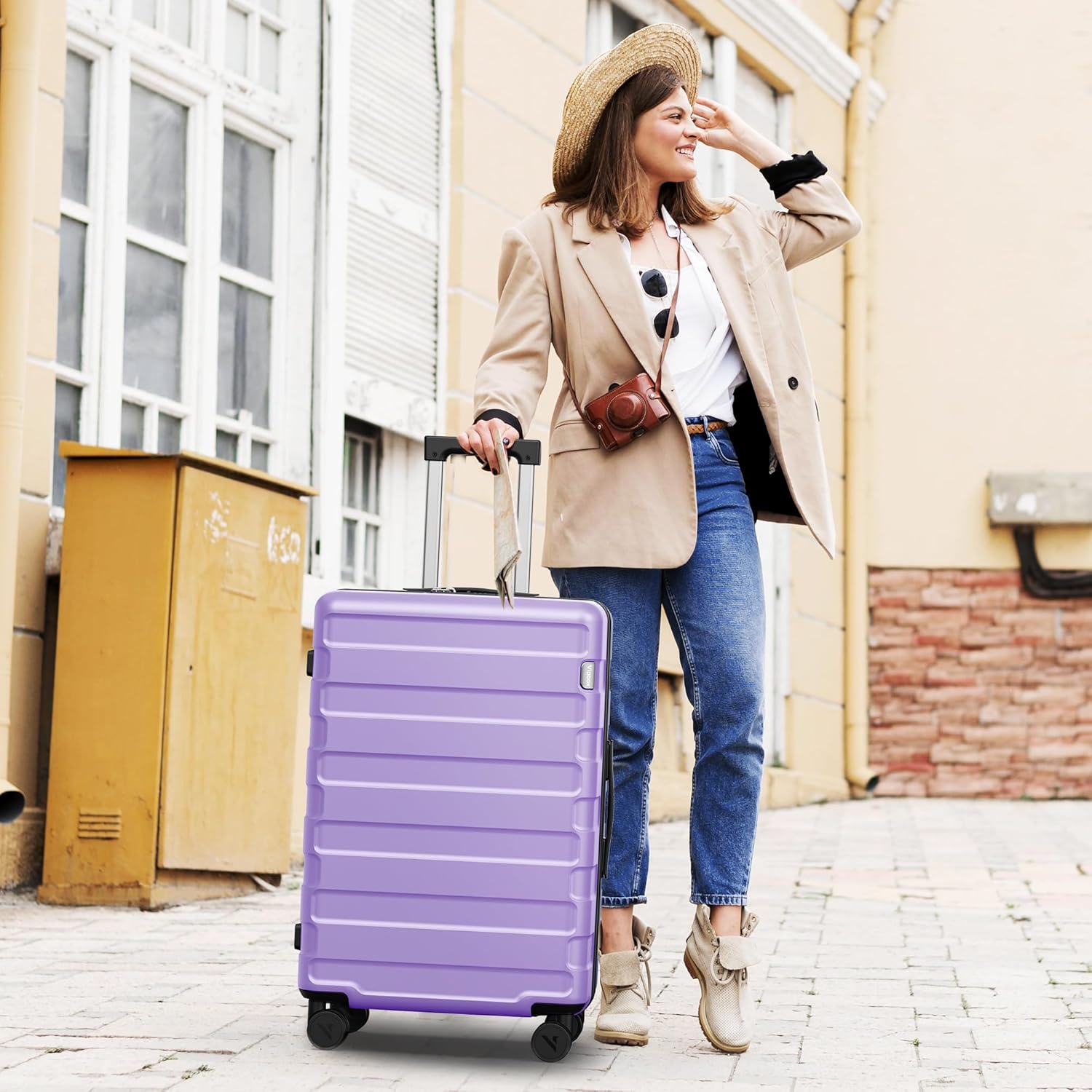 Luggage Sets 2 Piece 20+28 Inch (3-YEARS VIP SERVICE) Hardside Lightweight Premium Polycarbonate Beautiful Travel Suitcase with Wheels x1 TSA Approved Lock for Women Men Sisters, Purple/Green