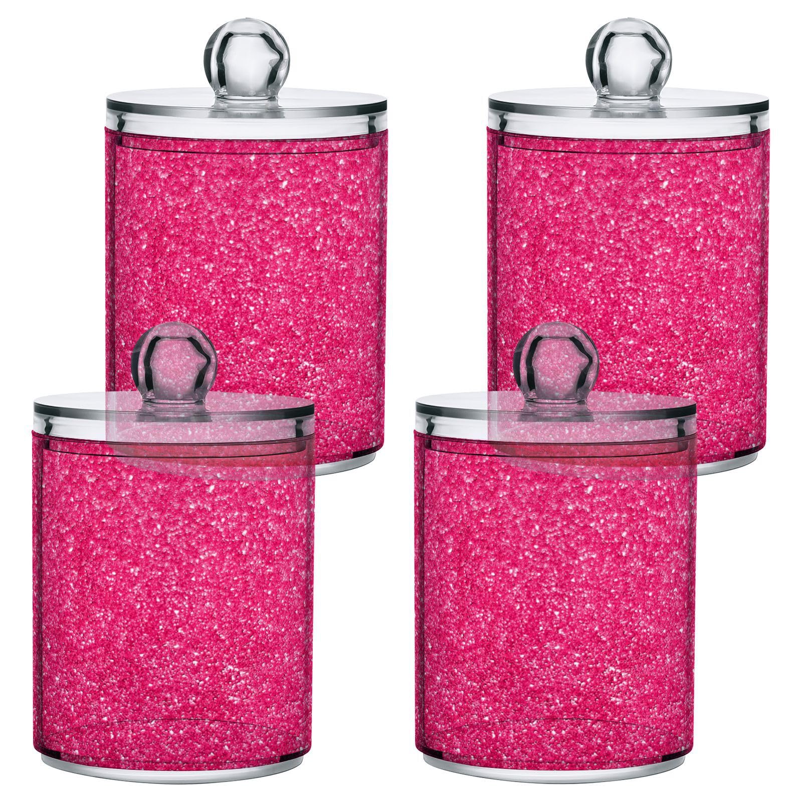 Gredecor 4 Pack Apothecary Jars with Lid Magenta Hot Pink Glitter Lights Qtip Holder Dispenser Storage Containers Clear Christmas Winter Canisters for Bathroom Vanity Organization