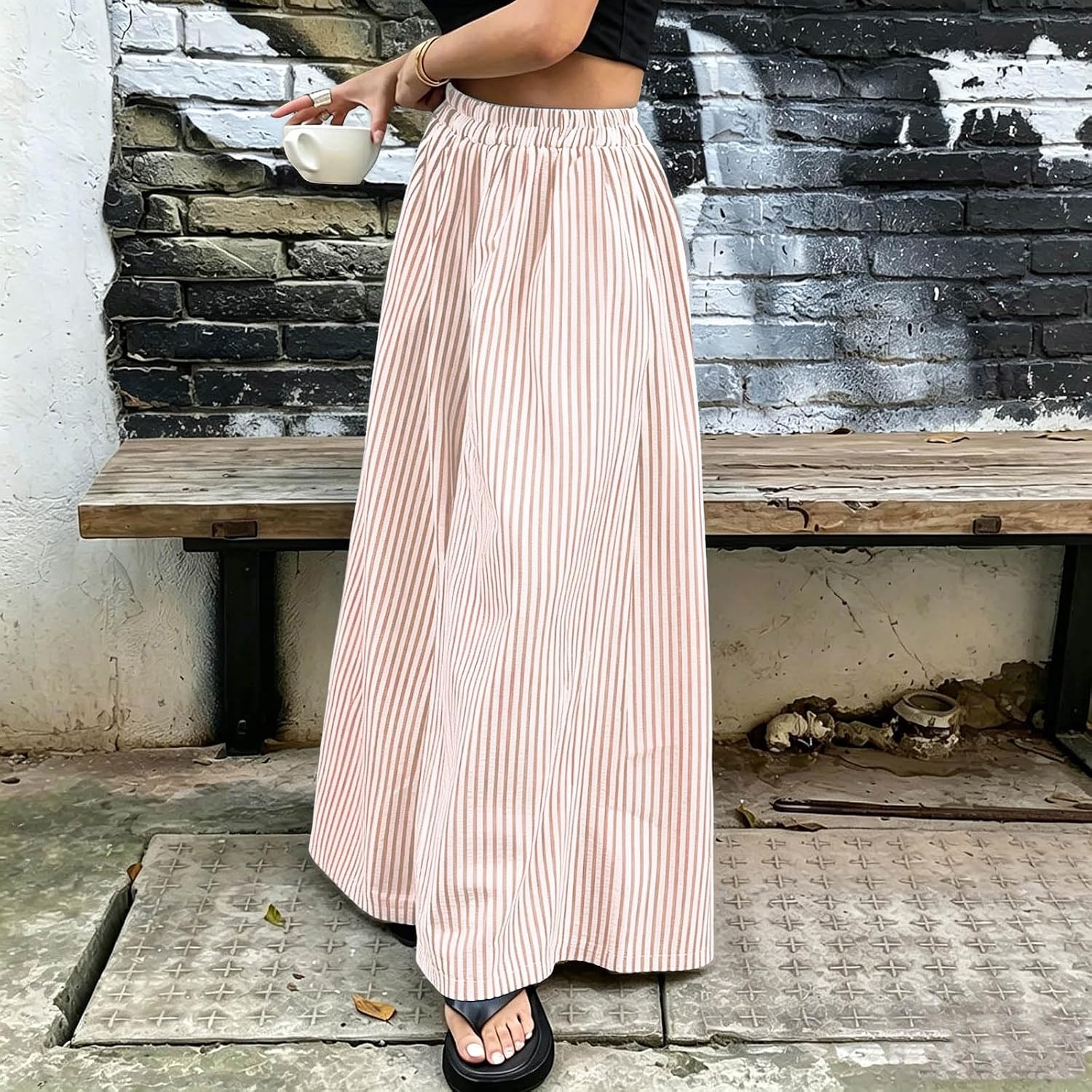 Womens Summer Casual Striped Pants Loose Wide Leg Elastic Waist Palazzo Trousers with Pockets Flowy Vacation Pant