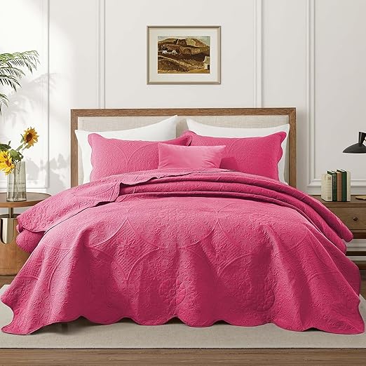 IR Imperial Rooms Queen Quilt Bedding Set Size (90" x 96") + 2 Pillow Shams (20" x 26"+ 2") - 3 Pcs All Season Lightweight Reversible Microfiber Coverlet Floral Embossed Quilt Bedspread (Pink)