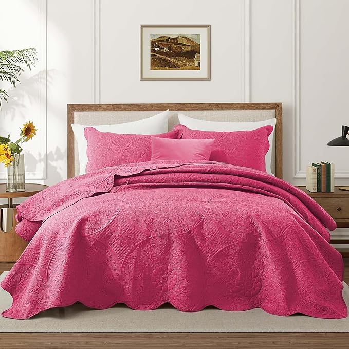 IR Imperial Rooms Queen Quilt Bedding Set Size (90" x 96") + 2 Pillow Shams (20" x 26"+ 2") - 3 Pcs All Season Lightweight Reversible Microfiber Coverlet Floral Embossed Quilt Bedspread (Pink)
