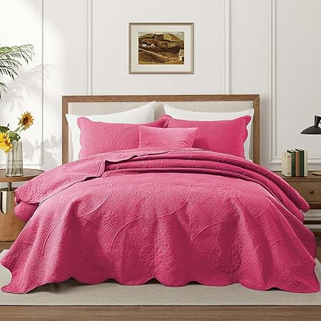 IR Imperial Rooms Queen Quilt Bedding Set Size (90" x 96") + 2 Pillow Shams (20" x 26"+ 2") - 3 Pcs All Season Lightweight Reversible Microfiber Coverlet Floral Embossed Quilt Bedspread (Pink)