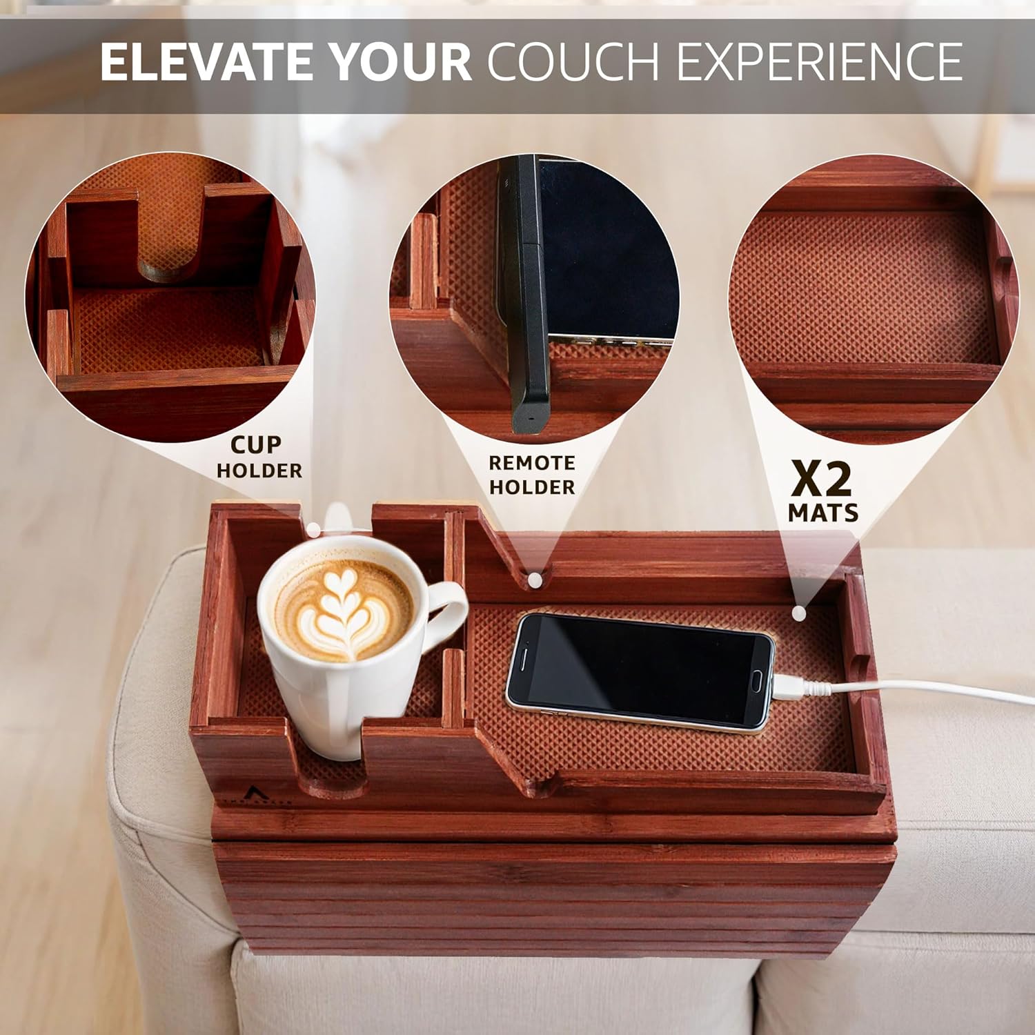 Brown Bamboo Couch Arm Tray with Non-Slip Mats, Slide-Away Upper Tray, Adjustable Fit for Various Sofa Armrests – Ideal for Snacks, Drinks, Remotes and Electronics (Brown)