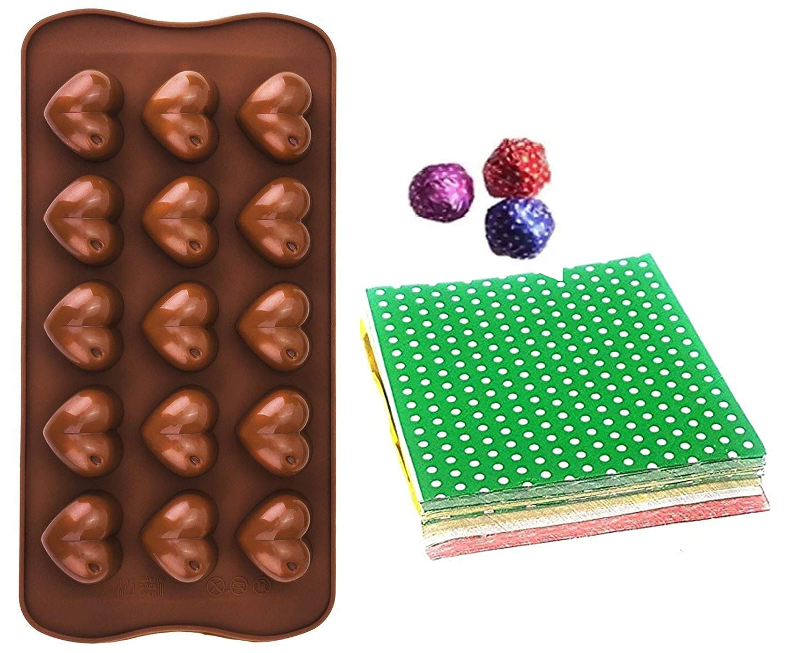 UTD Heart Silicone Mould,for Valentine's Day 15 Hearts Silicon Food Moulds and 300pcs Chocolate Wrappers Doth foil Paper Aluminium
