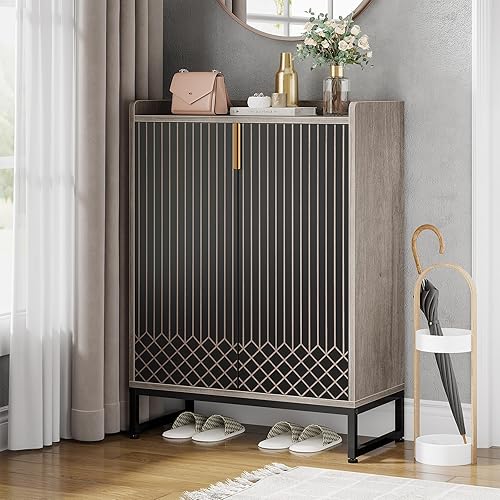 Tribesigns Zapatero con puertas, armario de almacenamiento de zapatos gris de 5 niveles para 25 pares, organizador de zapatos de madera para