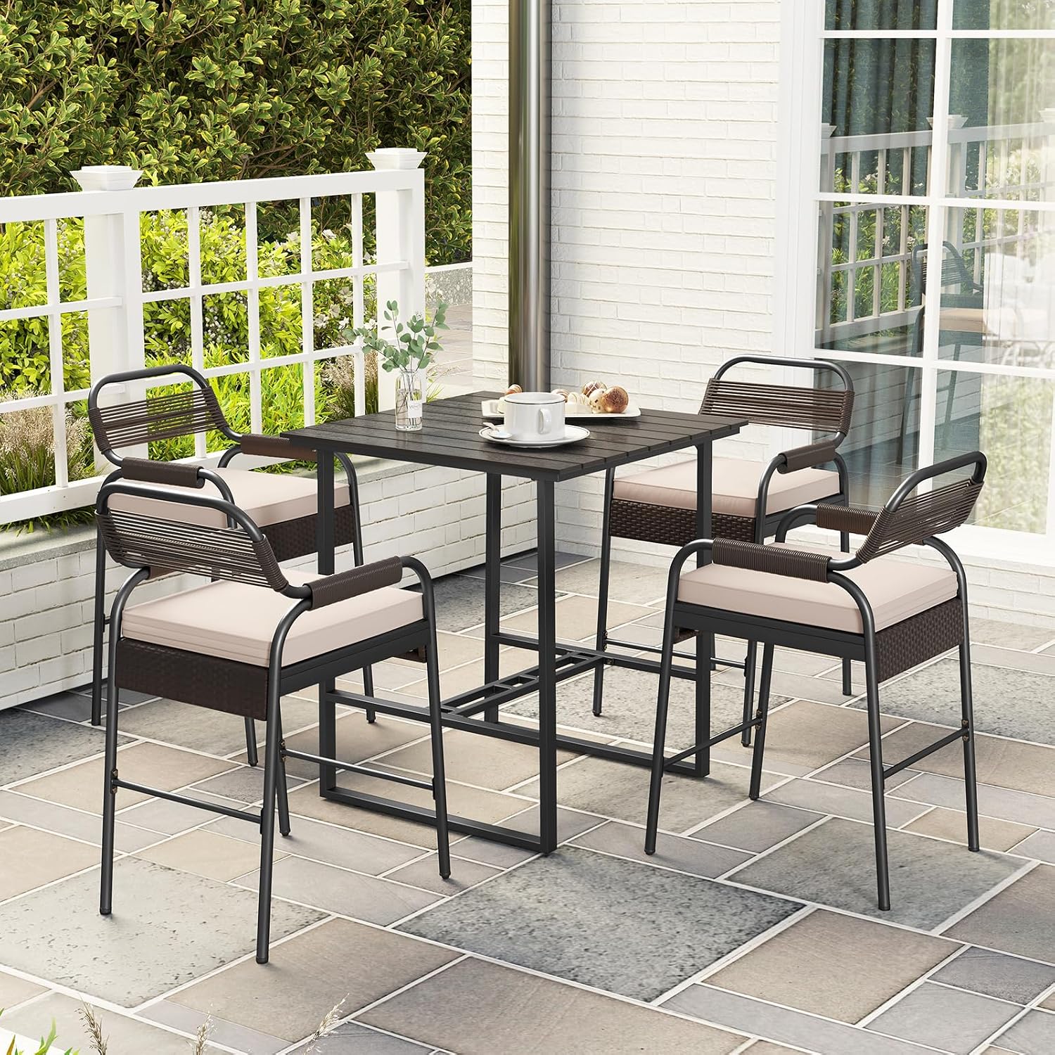 HAPPYGRILL 5 Pieces Patio Bar Set Rattan Wicker Dining Bistro Set with 4 Cushioned Stools & Bar Table, Counter Height, for Outdoor Deck Poolside Backyard