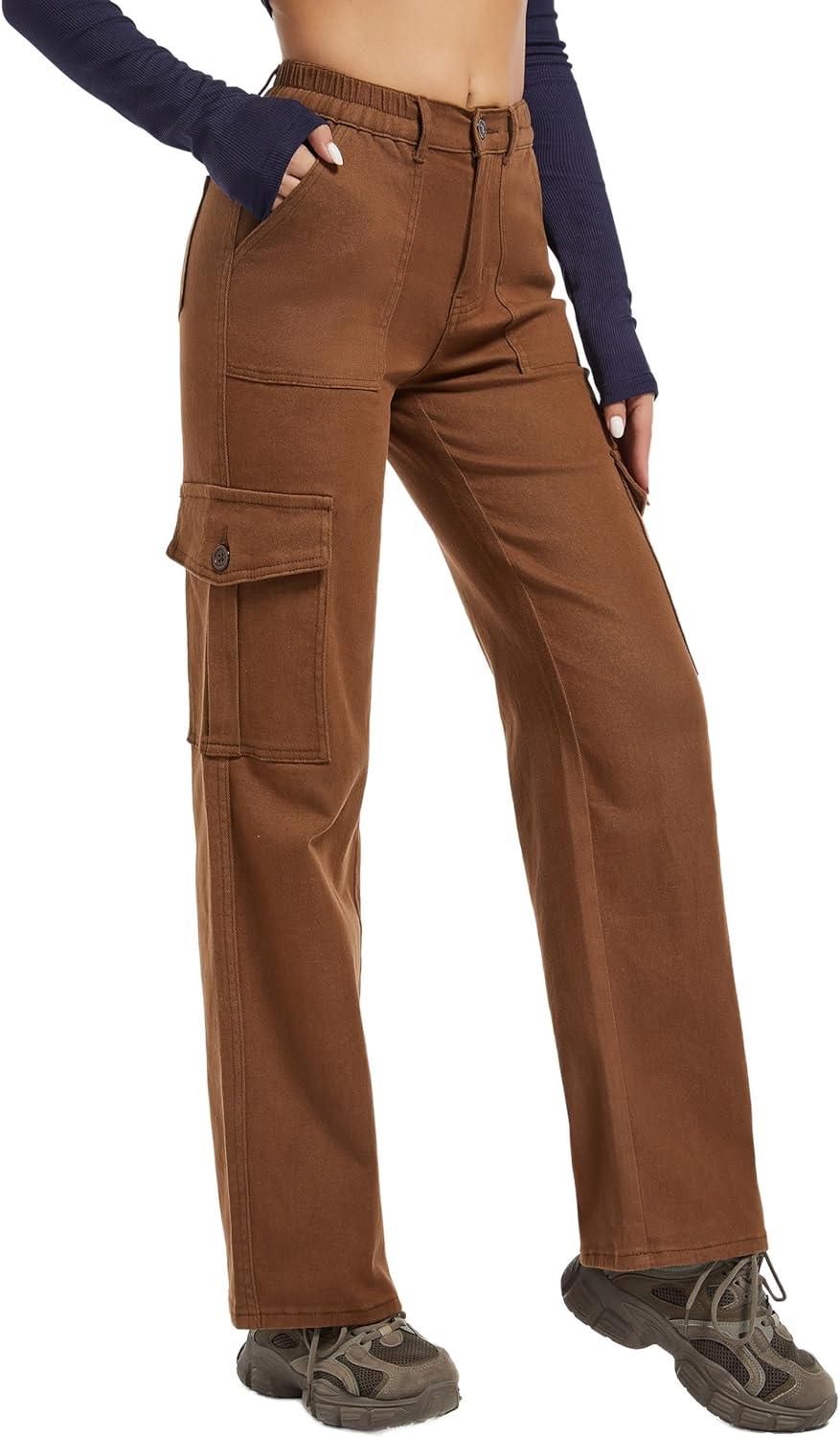 Aodrusa Brown Pants for Women High Waisted Stretch Straight Leg Cargo Pants with Pockets Trendy Trousers - Image 3