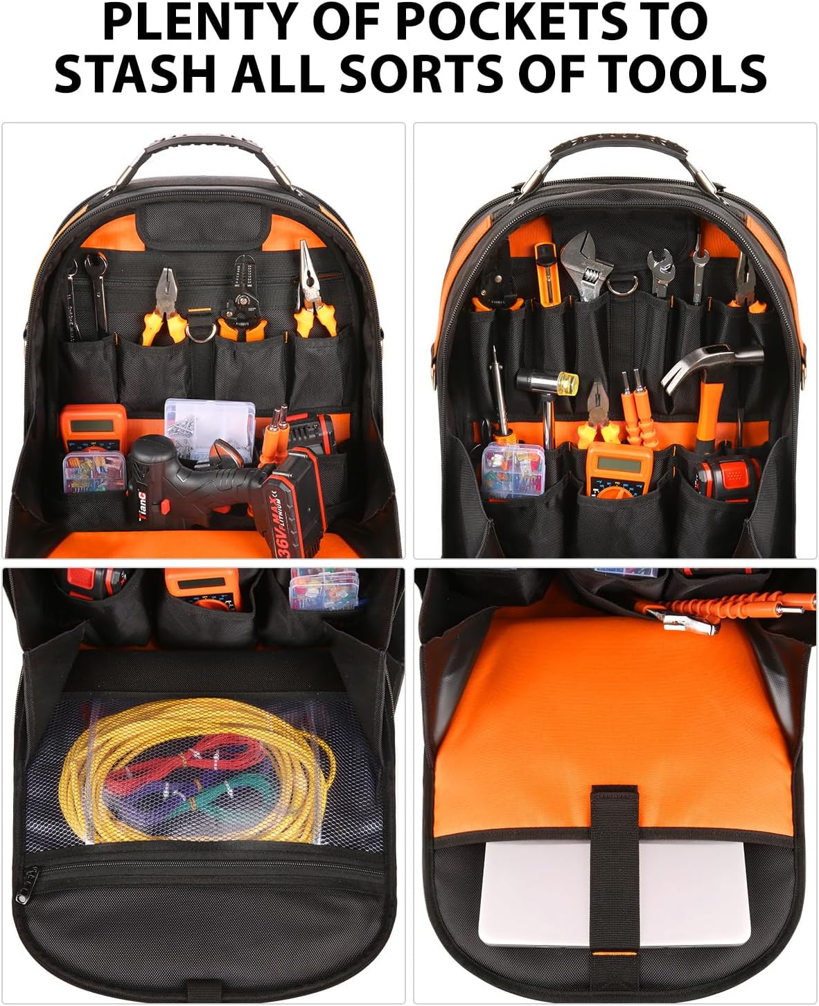 Tool Backpack, Heavy Duty Tool Bag, Hvac Tool Bags, Electrician Construction Backpack, Work Backpacks for Men With Removable Tool Organizer and Laptop Compartment, Orange