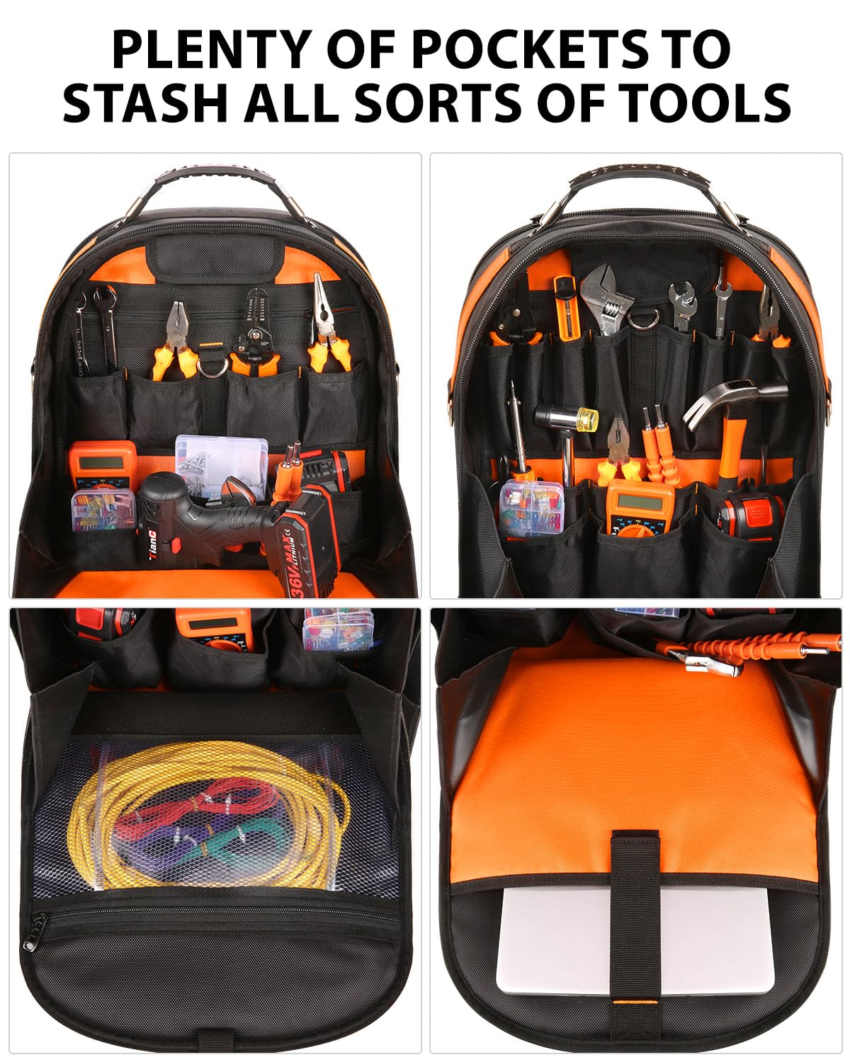 Sac à dos à outils robuste pour homme avec organiseur d'outils amovible et compartiment pour ordinateur portable - Orange
