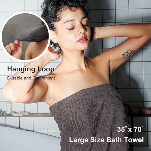 Miniatura 4 de Juego de 4 toallas de baño grandes a rayas marrones, toallas de baño de gran tamaño, súper suaves, transpirables, gigantes, altamente absorbentes,