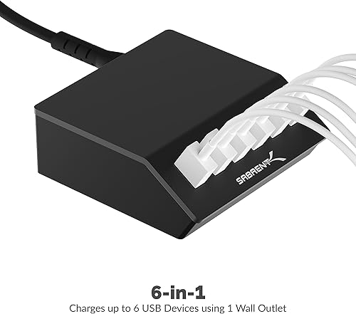 Miniatura 2 de SABRENT Cargador rápido USB de 60 vatios (12 amperios) de 6 puertos de aluminio de tamaño familiar de alta calidad. Certificado UL Cargador USB