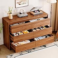 Vista 3 de Chrangmay Cómoda de 6 cajones, cómoda de mediados de siglo de 47 pulgadas de ancho, cómoda de madera con 6 cajones de almacenamiento