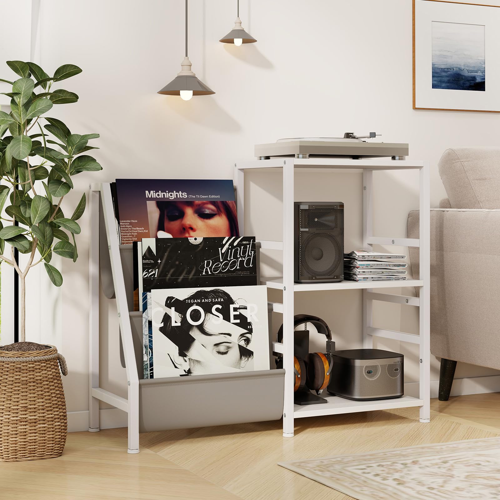 GIANTEX Soporte para Tocadiscos con 3 Estantes Abiertos y 6 Bolsillos de Almacenamiento, Combinación Flexible, Estantería para Discos de Vinilo, 125x30x69cm, Mueble para Salón, Dormitorio (Blanco)