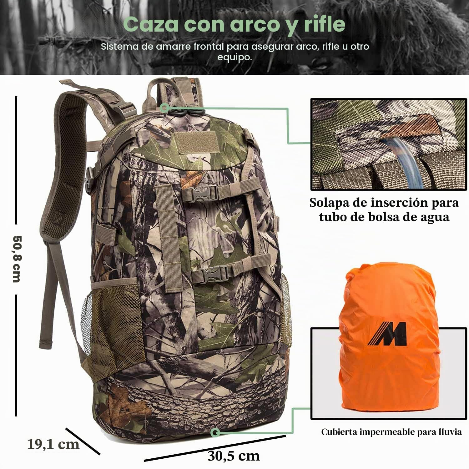 Mochila de caza resistente con sistema para transportar arco y rifle, ideal para acampada, caza y senderismo