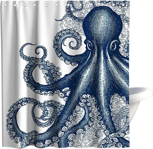 Vista 26 de Juego de cortinas de ducha náuticas de tela, diseño de pulpo, monstruo, velero, decoración de baño con ganchos, impermeable, lavable, 72 x 72