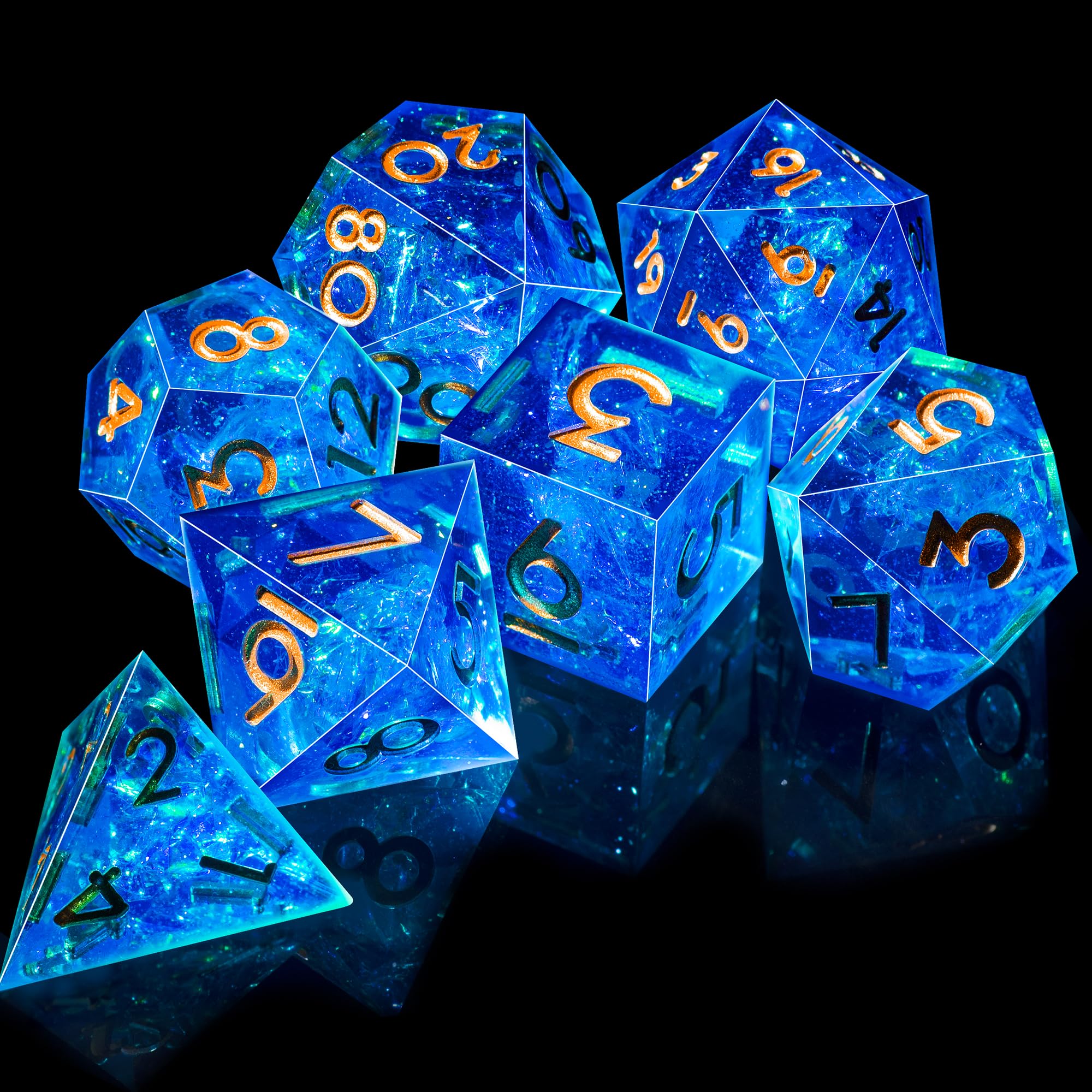 SIQUK 7 Piezas Set Dados DND Poliedricos Juego de Dados Poliédricos 7-Die DND Dice D4 D6 D8 D10 D12 D20 D% para D&D RPG MTG Dungeons and Dragons (Azul & Oro) - 4