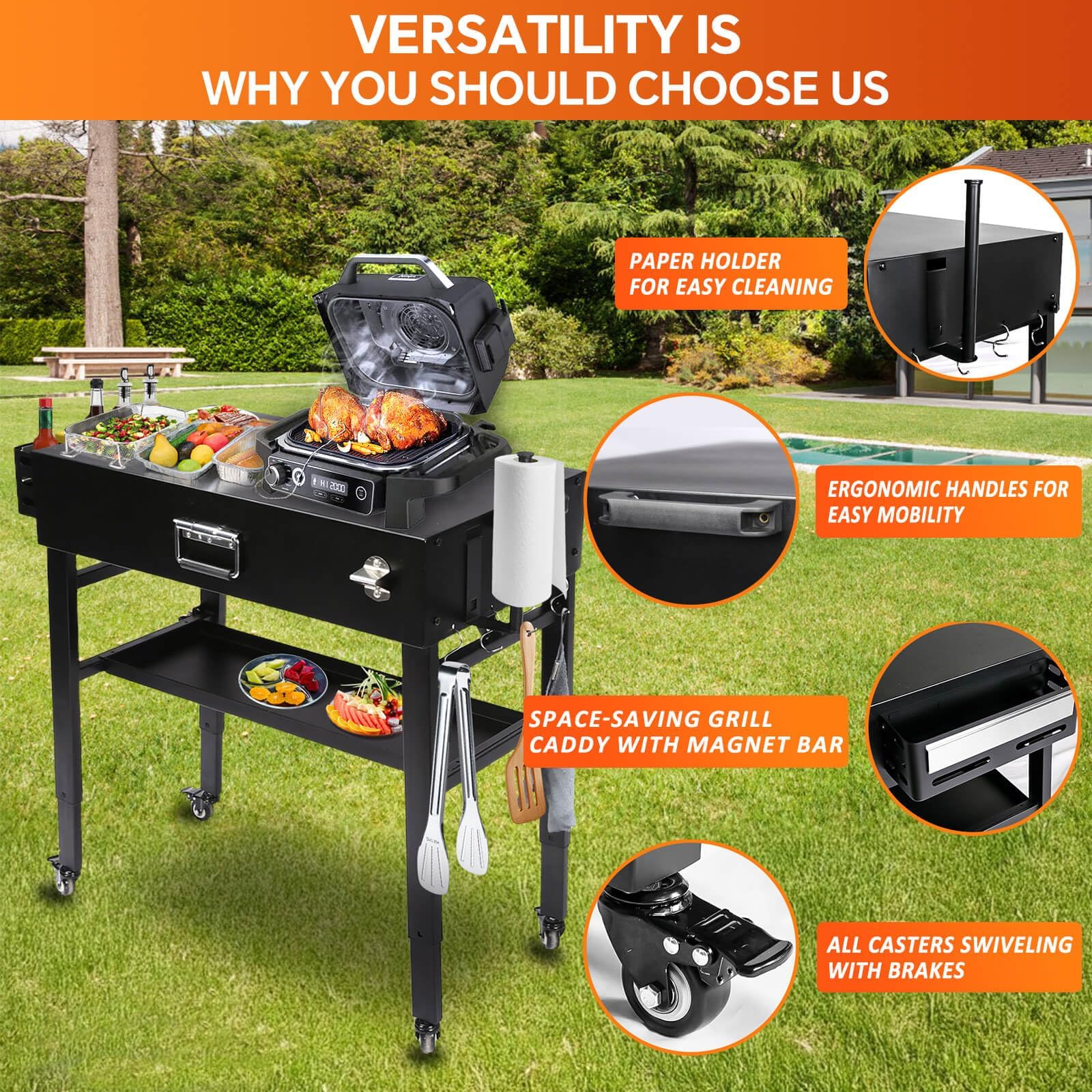 GFTIME Carro de barbacoa Ninja Woodfire OG700, carrito portátil plegable, mesa para Weber Q1000/Q2000, piedra negra, altura