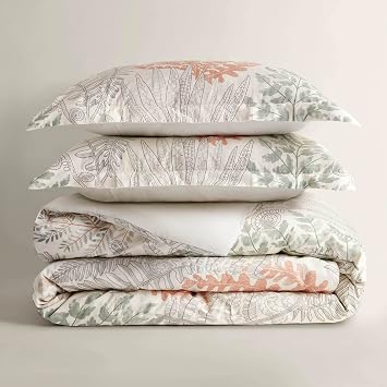 Harbor House Luxury T300 100% Cotton Sateen King Duvet Cover Set Silky-Smooth & Breathable, Leaves Print, Knife Edge Finish, Shell Button Closure, Includes Shams