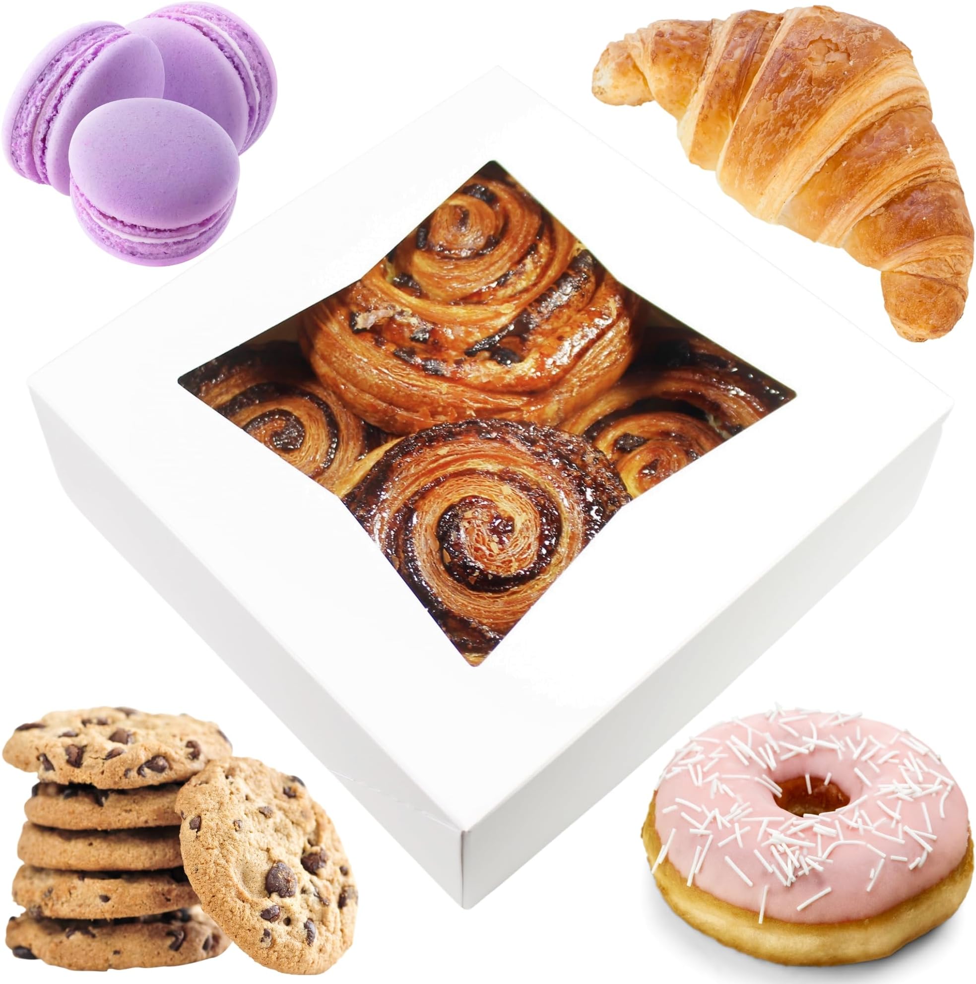 BAKELUV 8x8x2.5 Bakery Boxes with Window | White, 50 PCS | 8x8 Cookie Boxes 8x8 Cake Box, 8 Inch Bakery Boxes for Cinnamon Rolls, Treat Boxes, Dessert Boxes, Auto Pop Up