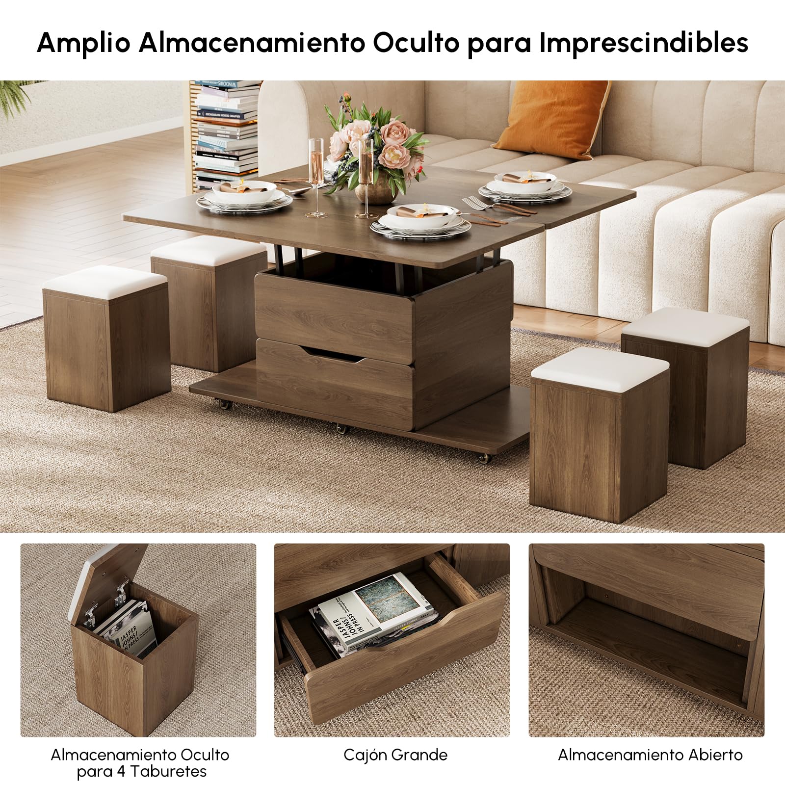 Homary Mesa de Centro Elevable con 4 Taburetes 100 X 50cm Nogal Mesa Elevable con Mecanismo Hidráulico y Almacenaje Oculto,Extensible con Rueda Bloqueable Función Convertible para Oficina o Comedor