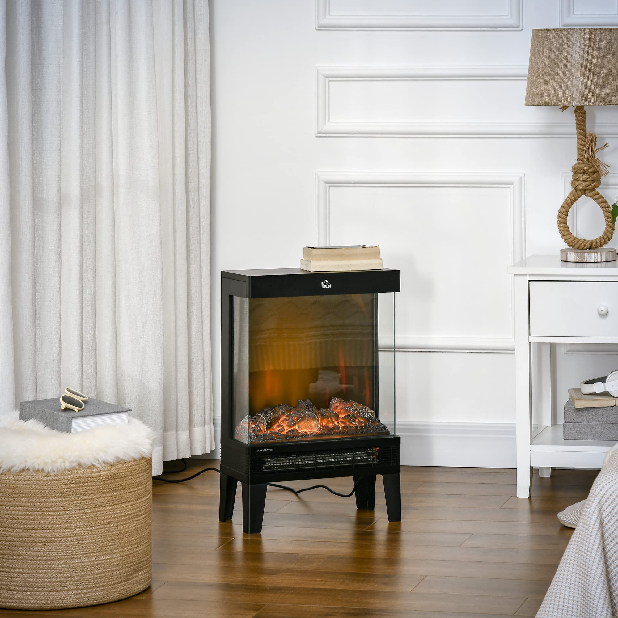 HOMCOM Chimenea Eléctrica 1000W/2000W Llama LED Ajustable Termostato Protección Sobrecalentamiento 15-20 m² Negro