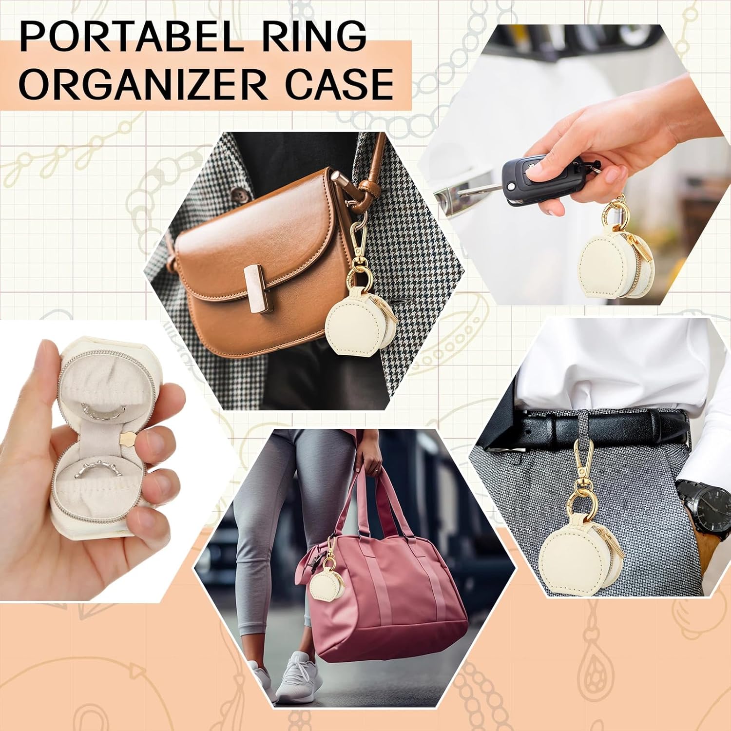 Nosiny 6 Pack Small Travel Ring Holder Keychain Portable Earring Jewelry Box Case Gym Sports Ring Organizer Gifts for Women(White)