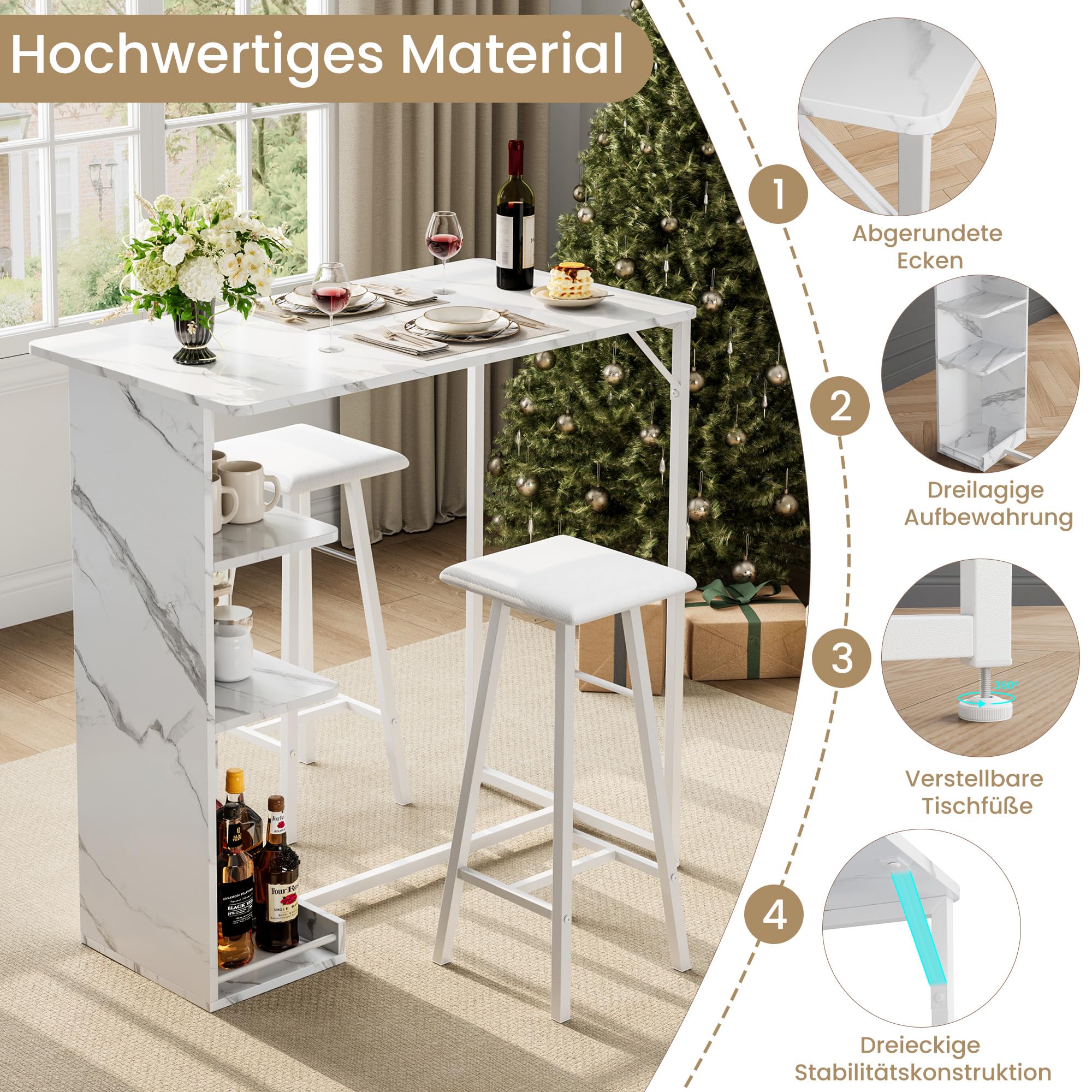 Litake Bartisch Set, Tresentisch mit 2 PU Barhocker, Esstisch Stehtisch mit Weinglashalter & Ablage, Küchentisch im Industrie-Stil, Stehtisch für Bar, Bistro & Wohnzimmer,Marmor Weiß