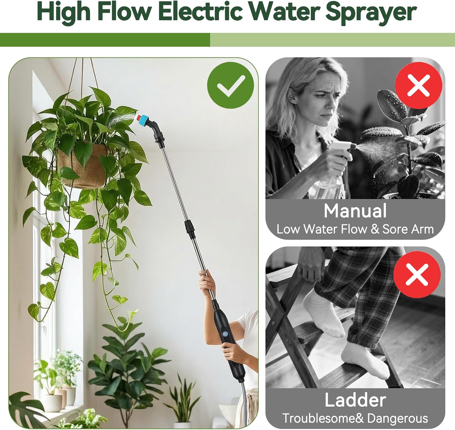 High Reach Electric Water Sprayer Wand for Hanging Plants, Telescoping Indoor Plant Waterer with Pump, 180° Adjustable Watering Nozzle, Fan Spray Head, High Flow Leak-Proof Design