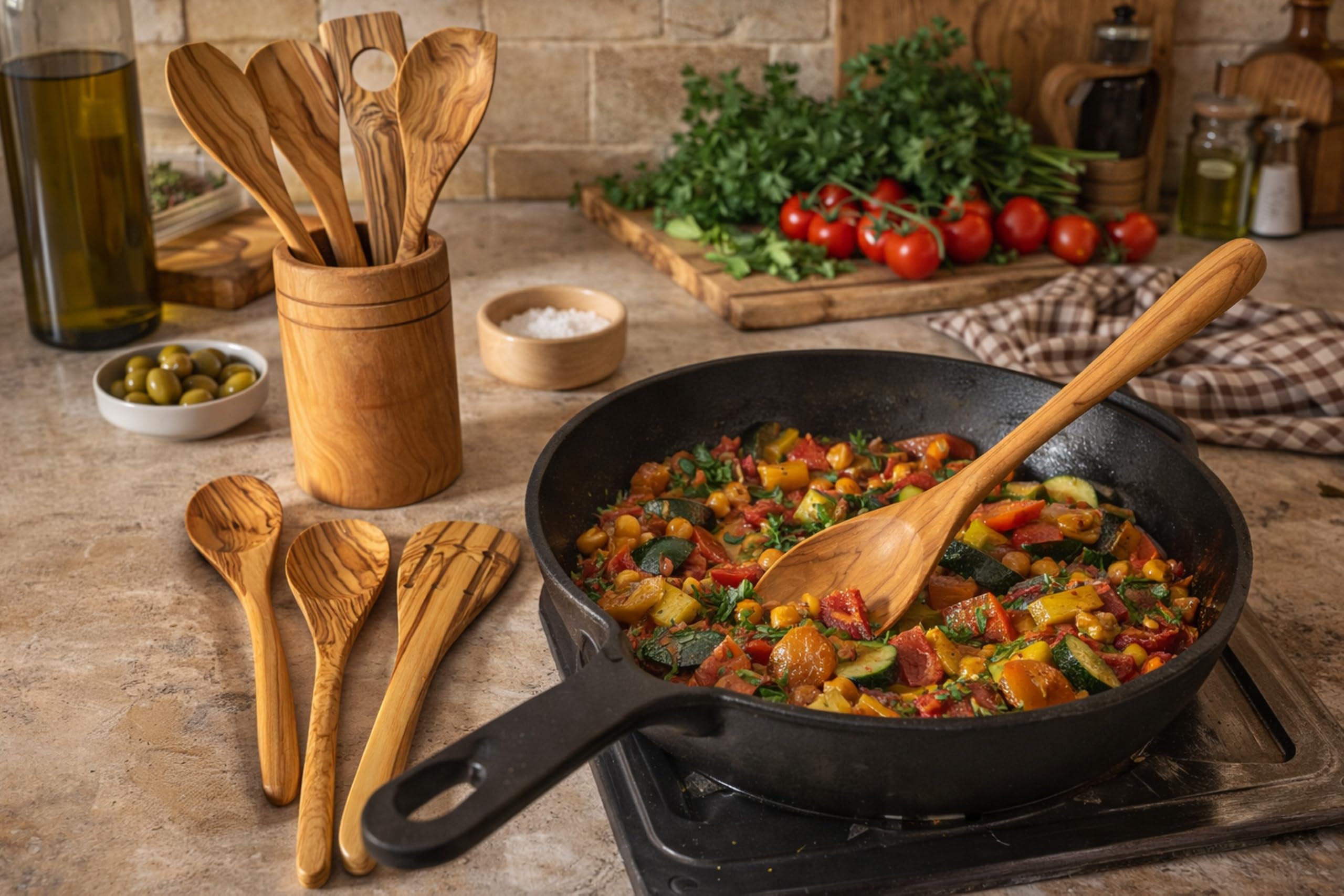 EMNA Juego de 9 utensilios de cocina de madera de olivo – Juego de cucharas de cocina con espátula, cubiertos para ensalada y soporte para utensilios | Caja de regalo "Unique Gift for Special Person