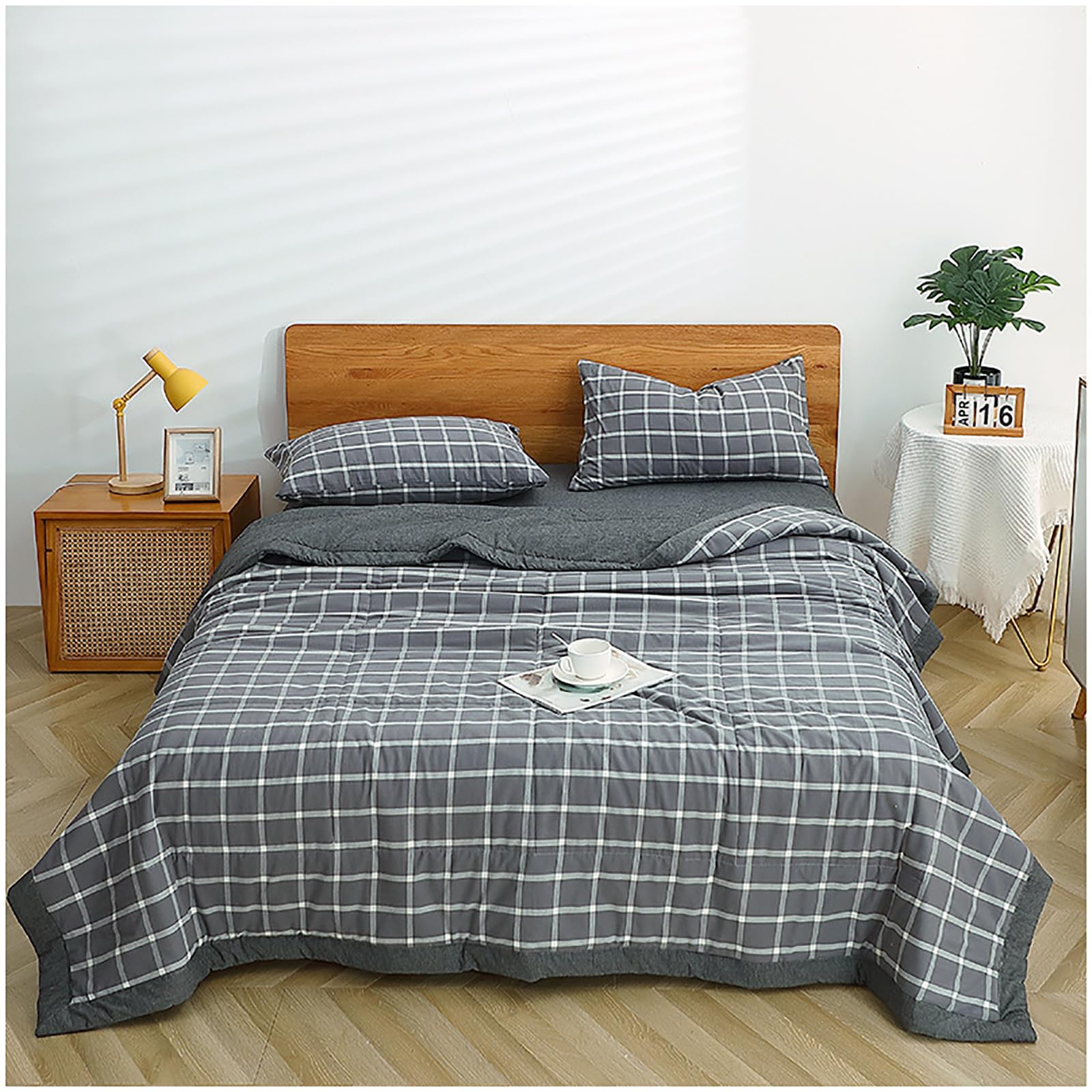 Gofohimi B Classic Plaid Print Edding Comforter Queen Thin Quilt Summer Lightweight Lanket, Washed Cotton Fabric, Soft Comfy Reathable Ed Lanket,,200X230cm