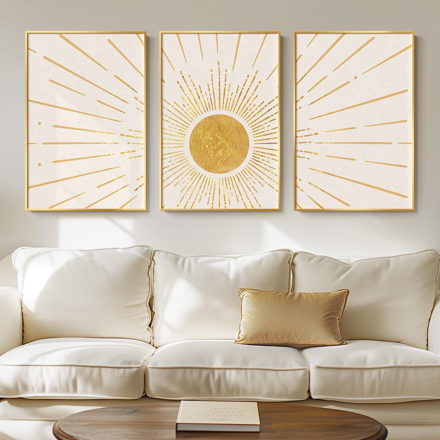 Framed Boho Gold Sun Wall Art for Living Room, Canvas Artwork for Walls, Set of 3 Piece Minimalist Art Prints with Gold Frame, Large Paintings for Bedroom, Hallway, Office Wall Decor - Total 30" x 60"