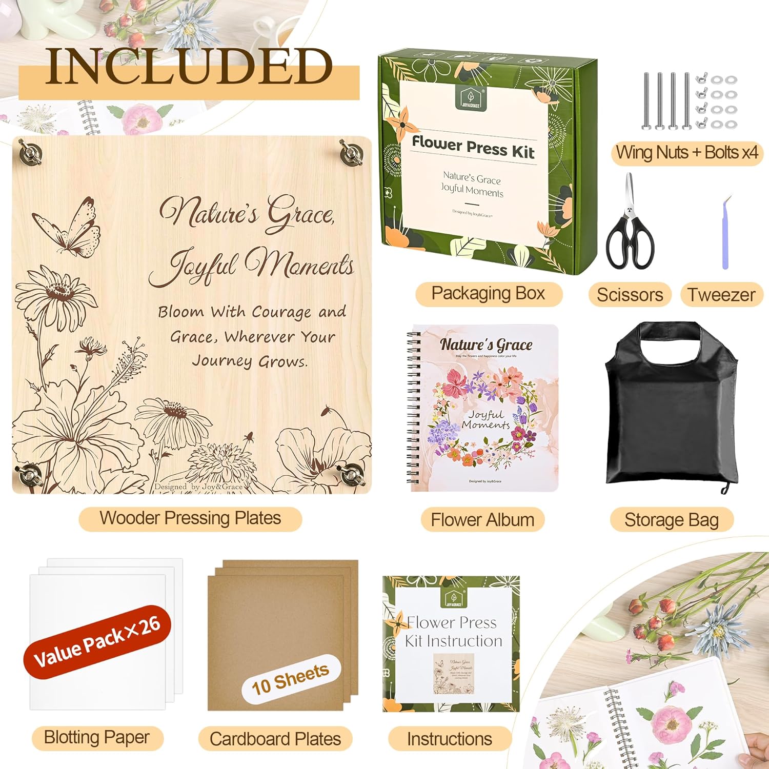 Joy&Grace Large Flower Press Kit for Adults & Kids with Designed Cover and DIY Album,10 Layers Plant Press and Plant Drying Toolkit, Flower Preservation Kit, 10.9" x 10.9" (Color Box, Natural Wood) - Image 3