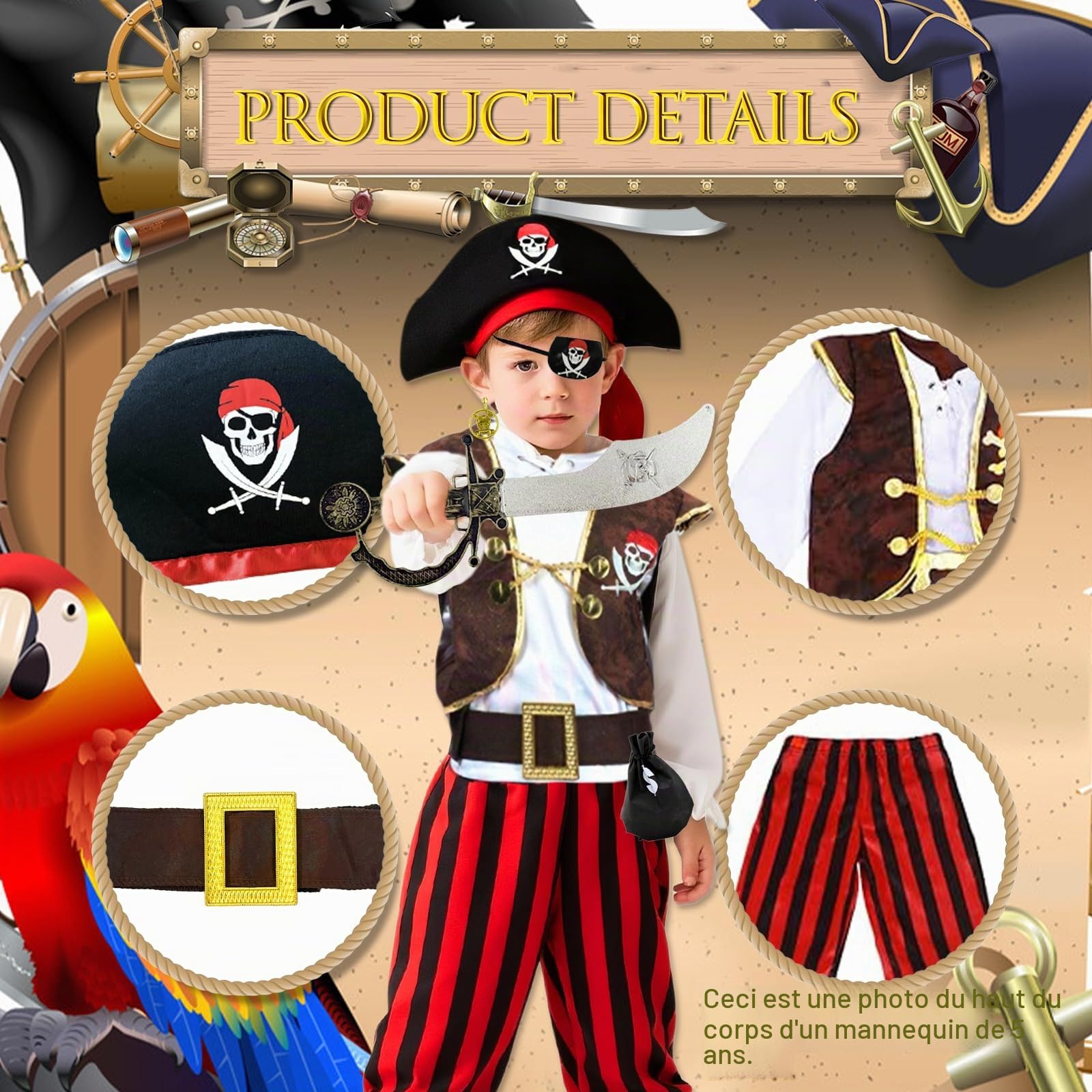 Xerteam Lot de 5 costumes de pirate pour enfant - 22 accessoires de pirate - Décoration d'anniversaire d'enfant - Costume de jeu de rôle pour enfants de 4 à 7 ans