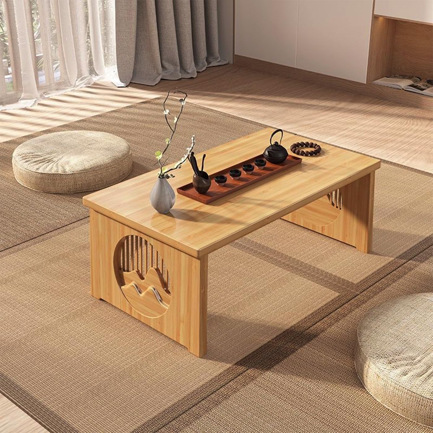Gdrasuya10 Japanese Style Folding Coffee Table, 32inch Bamboo Foldable Floor Table Low Coffee Table Tea Meditation Table Portable for Sitting on The
