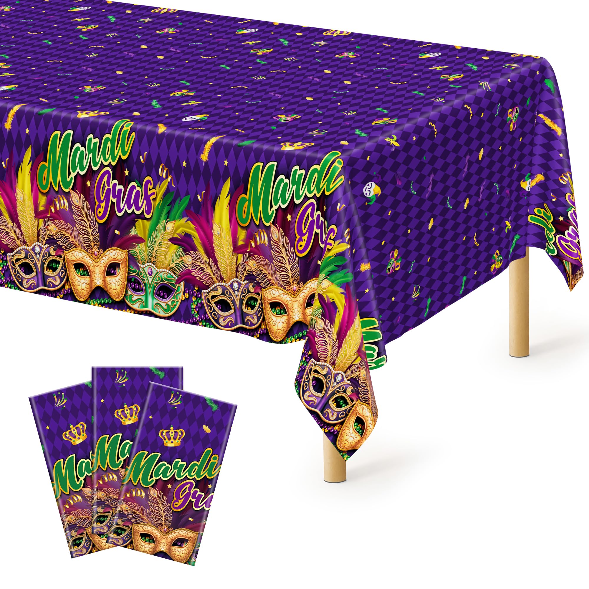 3 Pcs Mardi Gras Decorations, 54 X 108 Inches Rectangular Mardi Gras Tablecloth, Plastic Purple Table Cover With Masquerade Mask Design, Fat Tuesday Tablecover For Masquerade Party Picnic Dinner Decor