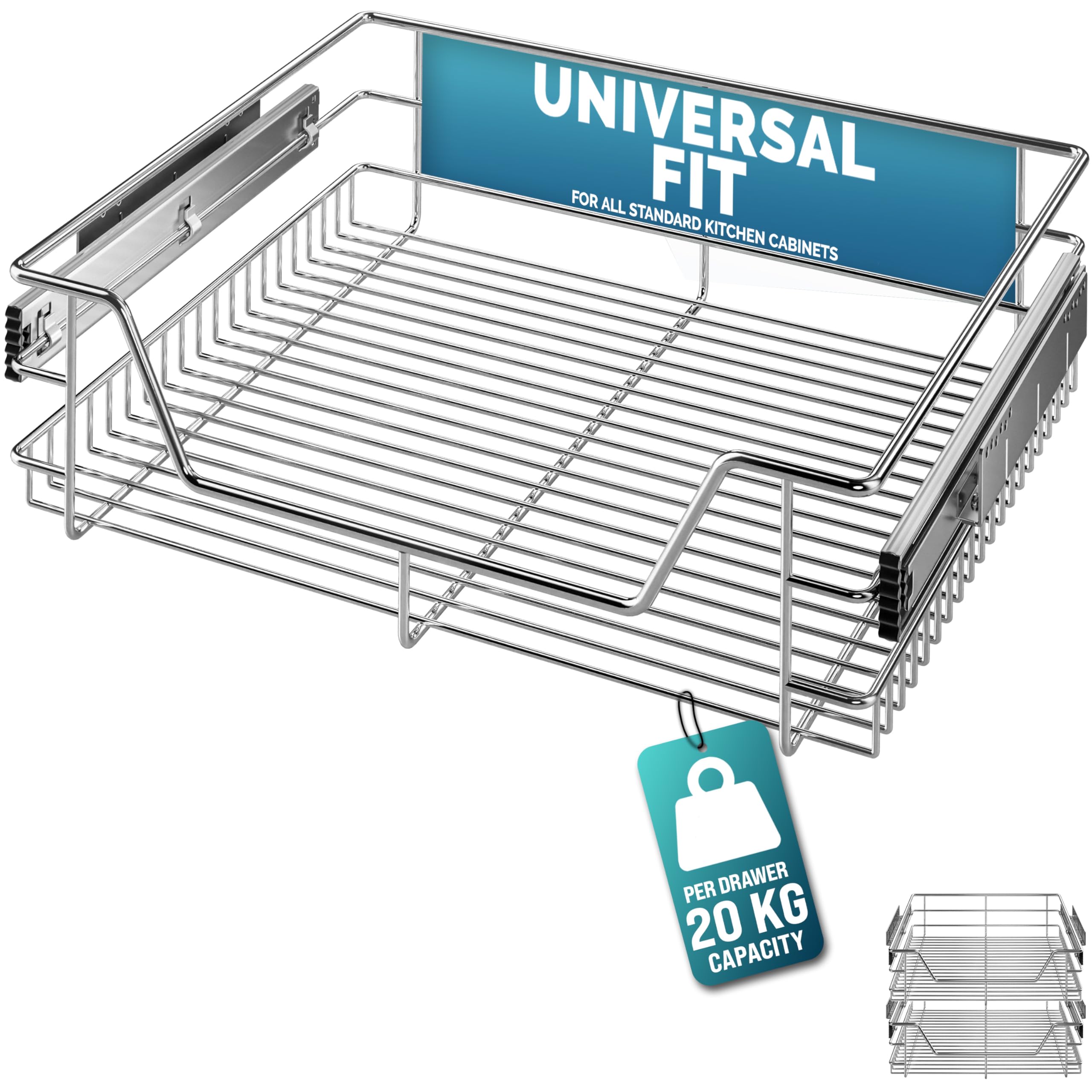 CASARIA® 2x Pull Out Telescopic Kitchen Drawer | For 60cm Units - 56cm Internal Cabinet Dimensions | Chrome-Plated | 20kg Load Capacity | Basket Shelf Organiser Storage Space Saving