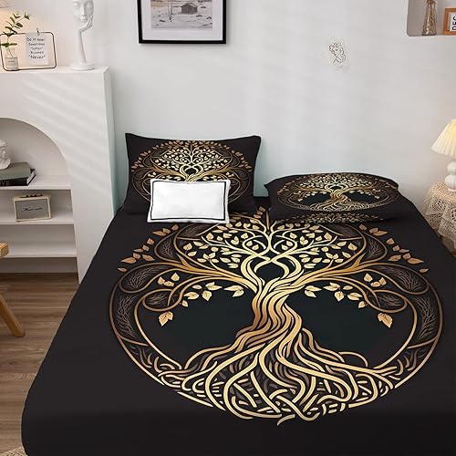 Miniatura 2 de Juego de sábanas de 4 piezas con diseño de árbol de la vida, sábanas místicas, sábanas y fundas de almohada estampadas - Sábana bajera ajustable de
