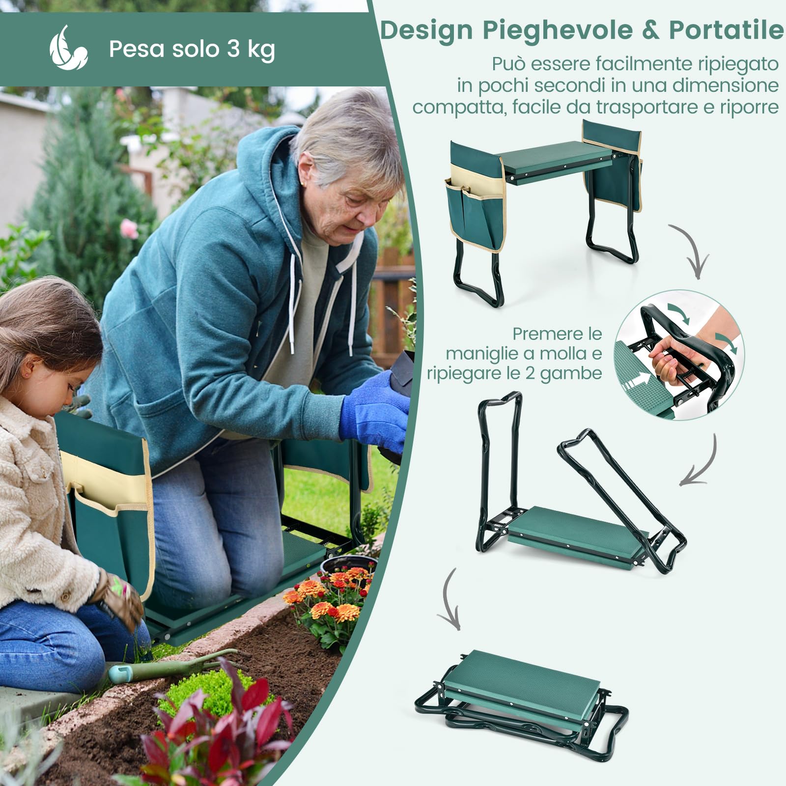 COSTWAY Inginocchiatoio da Giardino 2 in 1 Portatile e Pieghevole, Sgabello da Giardino con Inginocchiatoio e Borsa, Sedile per Giardinaggio da Inginocchiare e Sedere (58 x 27,5 x 50 cm, 2 Tasche)